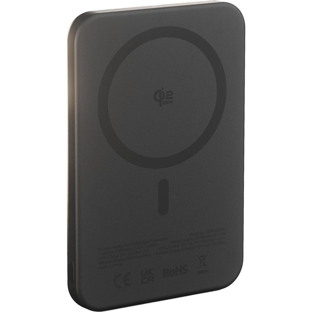 Black, rectangular MagSafe power bank with rounded corners and Qi2 logo on the smooth surface.