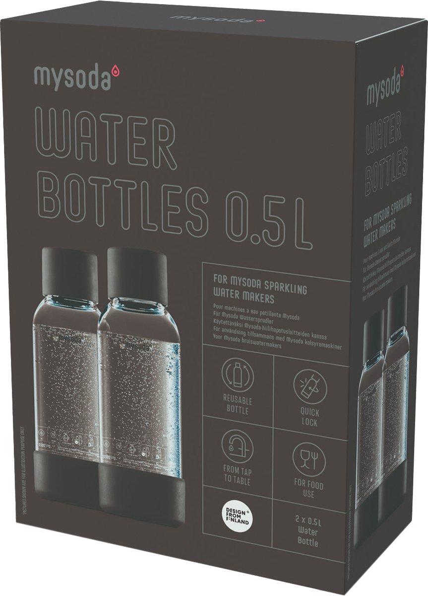 Dunkelbraune Box für Mysoda Wasserflaschen mit Bildern von zwei Flaschen und Produktsymbolen.