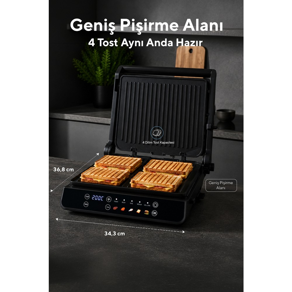 Koyu tezgah üzerinde siyah elektrikli ızgara, aynı anda dört tost pişiriyor, ölçüleriyle.