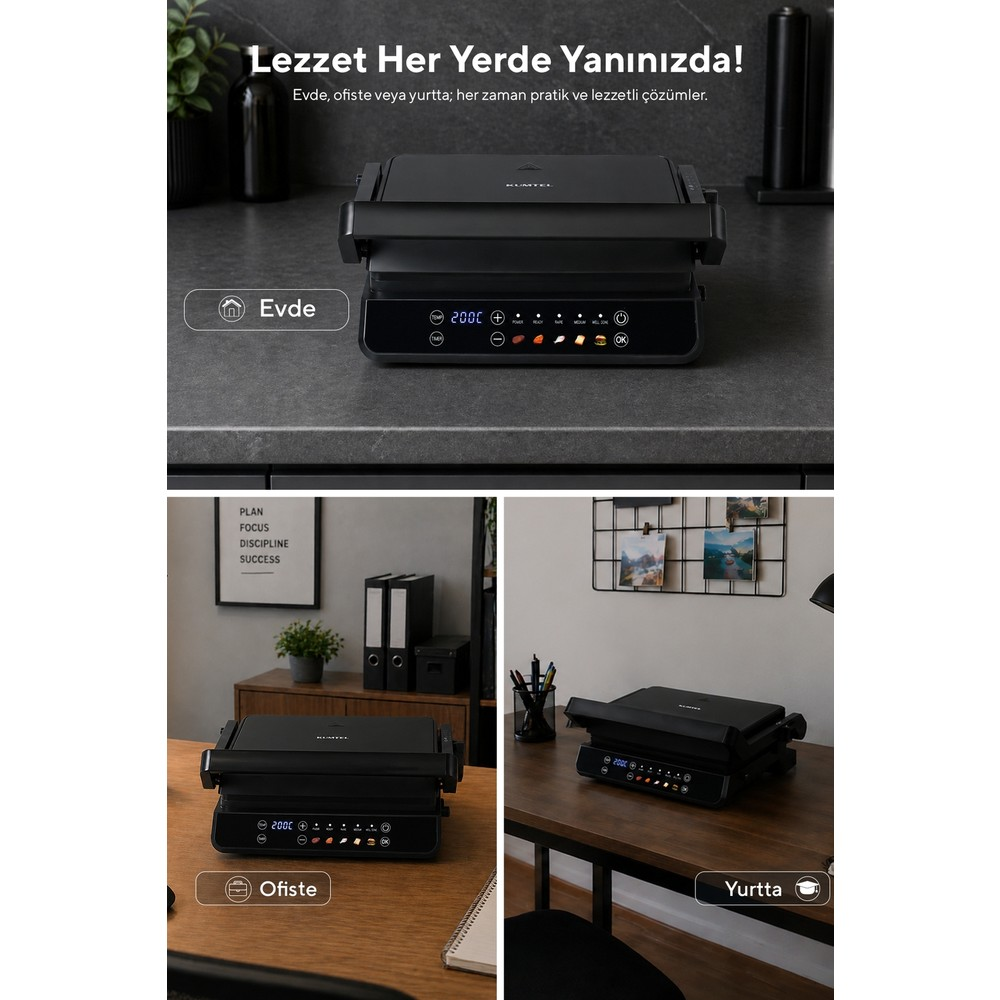 Mutfak, ofis ve yurt masalarında dijital kontrollü siyah elektrikli ızgara.