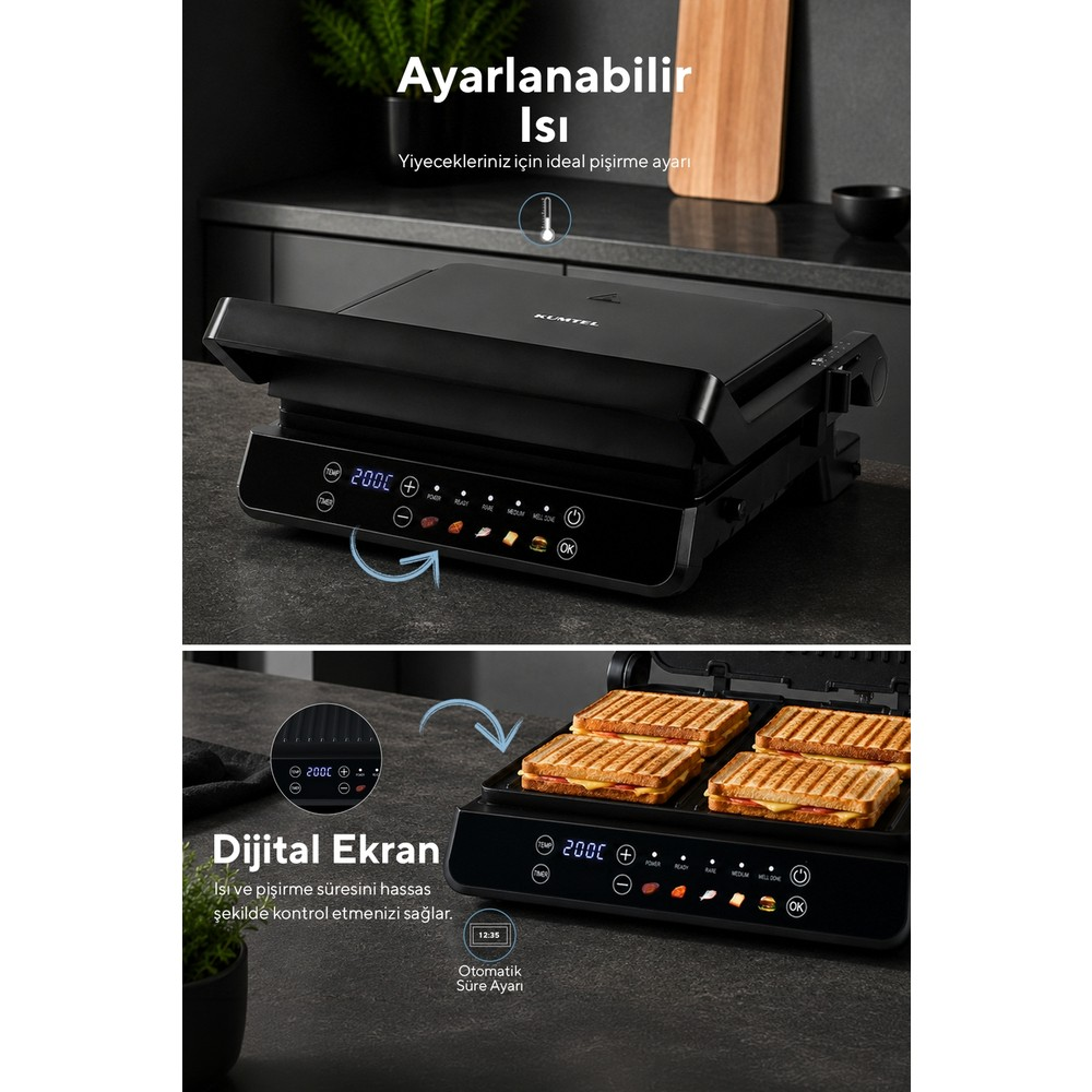 200C gösteren dijital ekranlı siyah elektrikli ızgara, sandviç pişiriyor.
