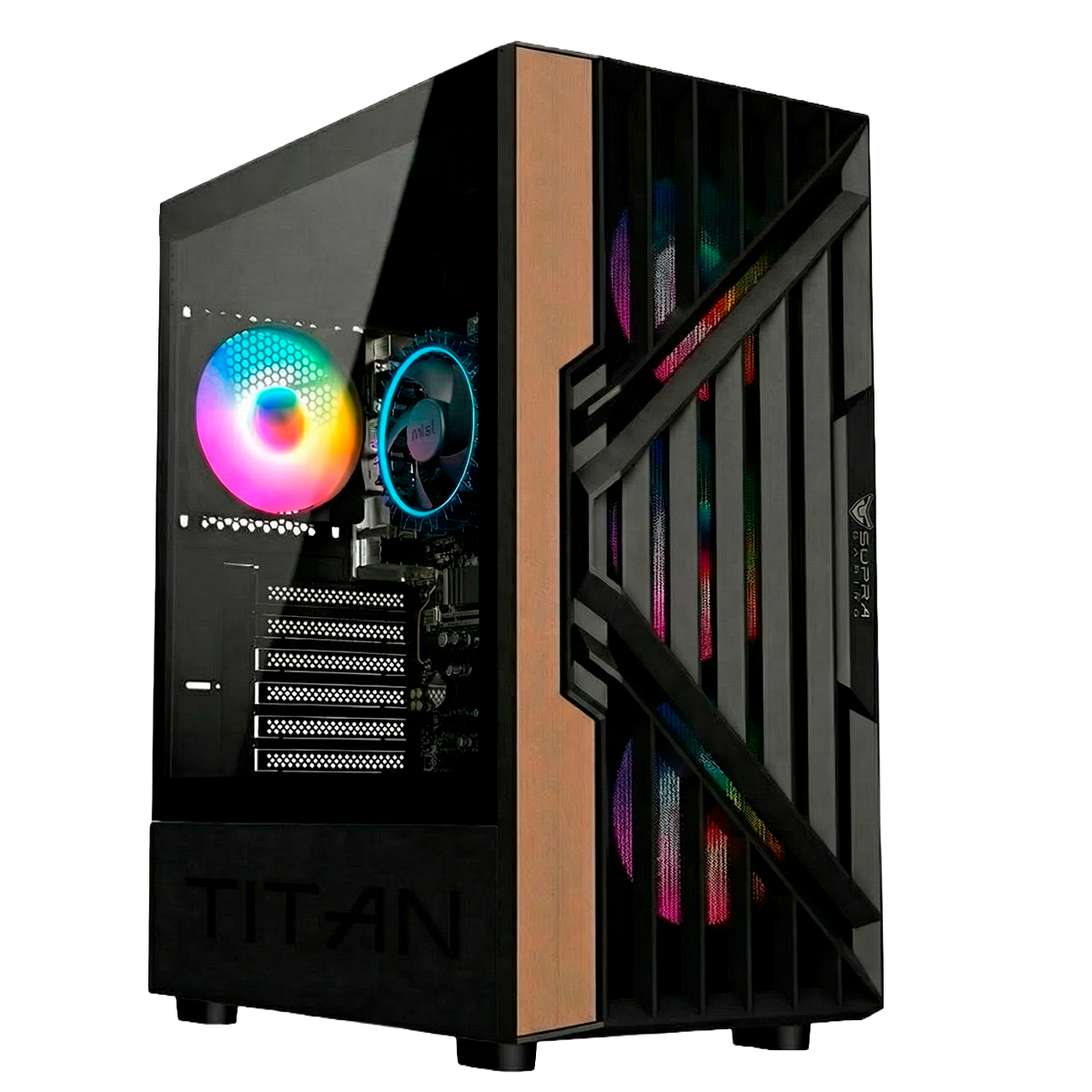 Gabinete de PC negro con acento de madera, lateral de vidrio y ventiladores RGB coloridos.
