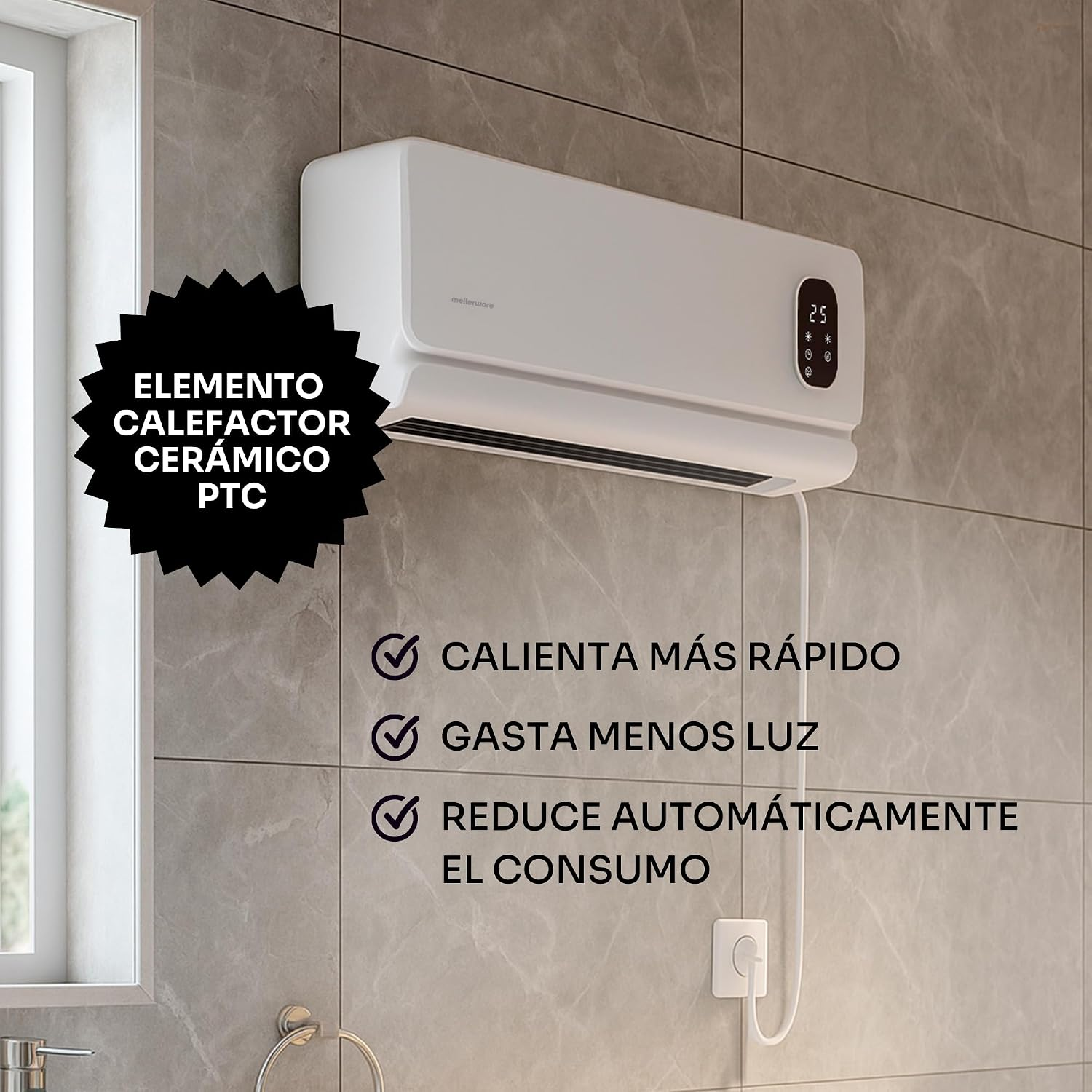 Calefactor cerámico blanco de pared con pantalla digital sobre azulejos grises.