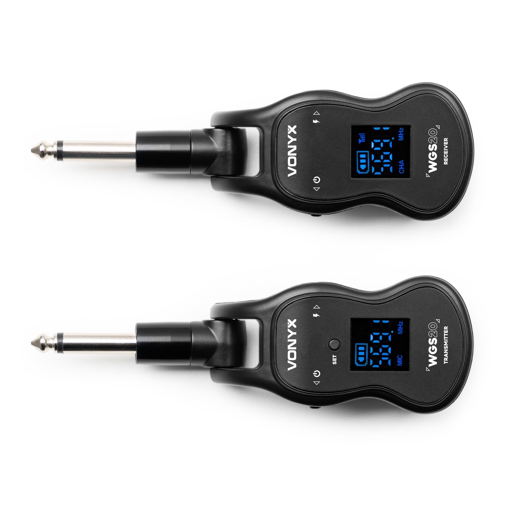 Zwei schwarze Vonyx WGS20 Funk-Audio-Sender und -Empfänger mit Jack-Steckern auf weißem Hintergrund.