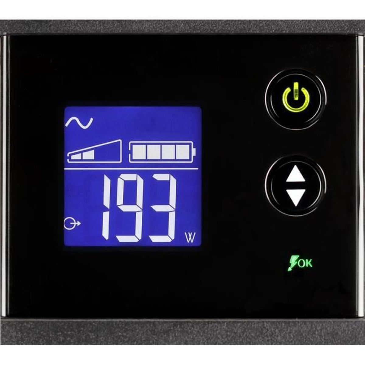 Ein schwarzes Bedienfeld mit blauem Display zeigt 193 W, Akkustatus, AC-Symbol, Ein/Aus-Schalter und OK-Leuchte.