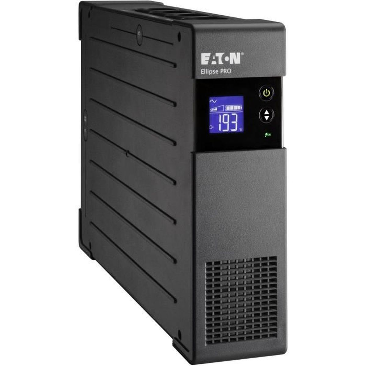 Schwarze Eaton Ellipse PRO USV-Anlage mit LCD-Bildschirm und Lüftungsgitter vorne auf weißem Hintergrund.