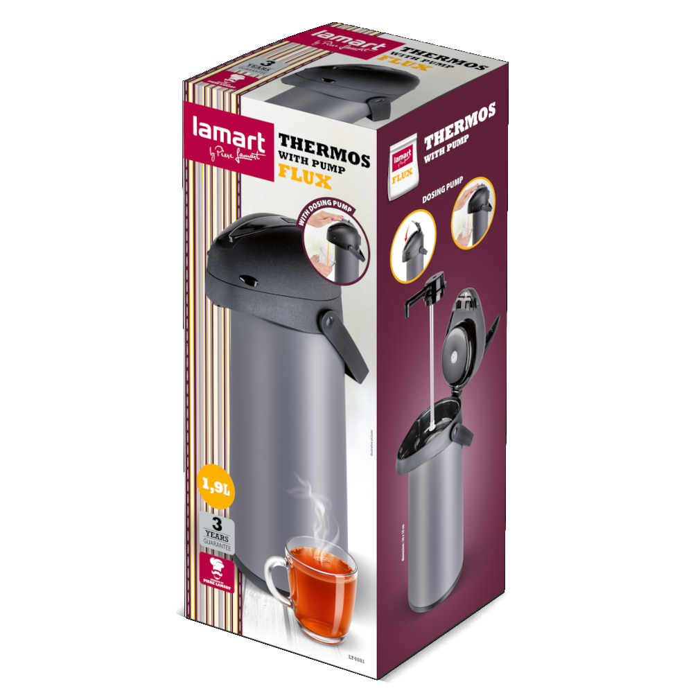 Opakowanie termosu Lamart z pompką, 1.9L, pokazujące termos, filiżankę herbaty i funkcje.