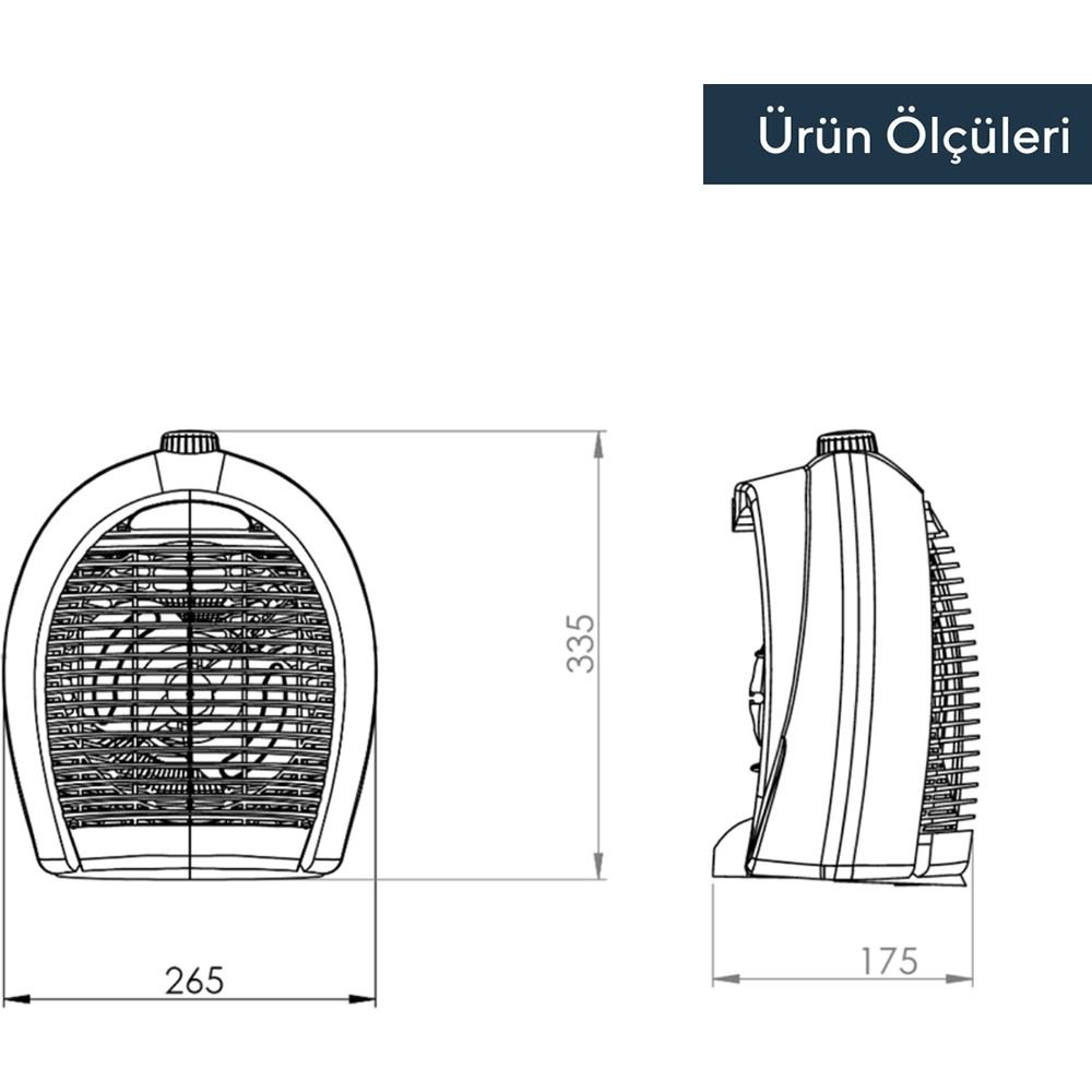Milimetre cinsinden ölçüleri gösteren elektrikli fanlı ısıtıcının teknik çizimi.