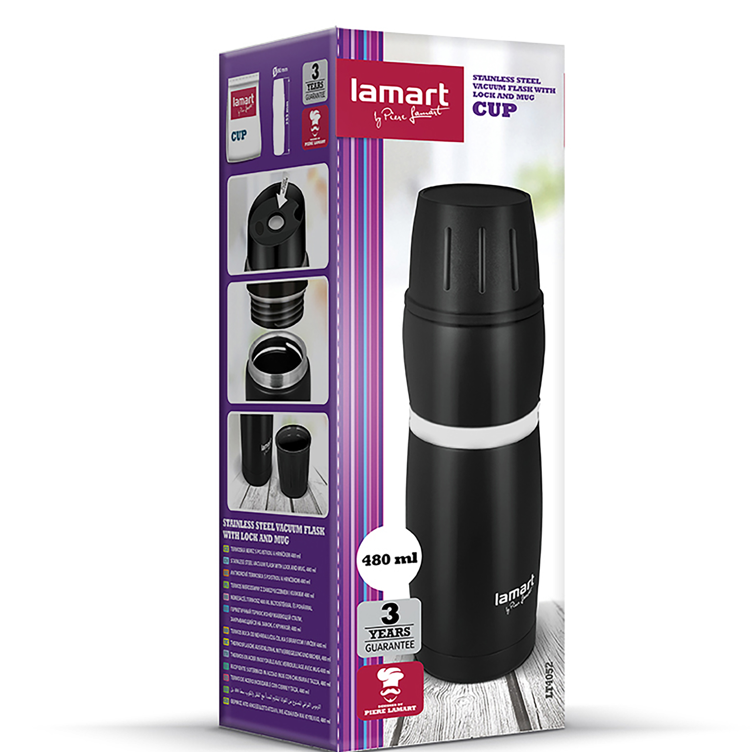 Opakowanie i czarny termos ze stali nierdzewnej Lamart 480 ml z kubkiem.