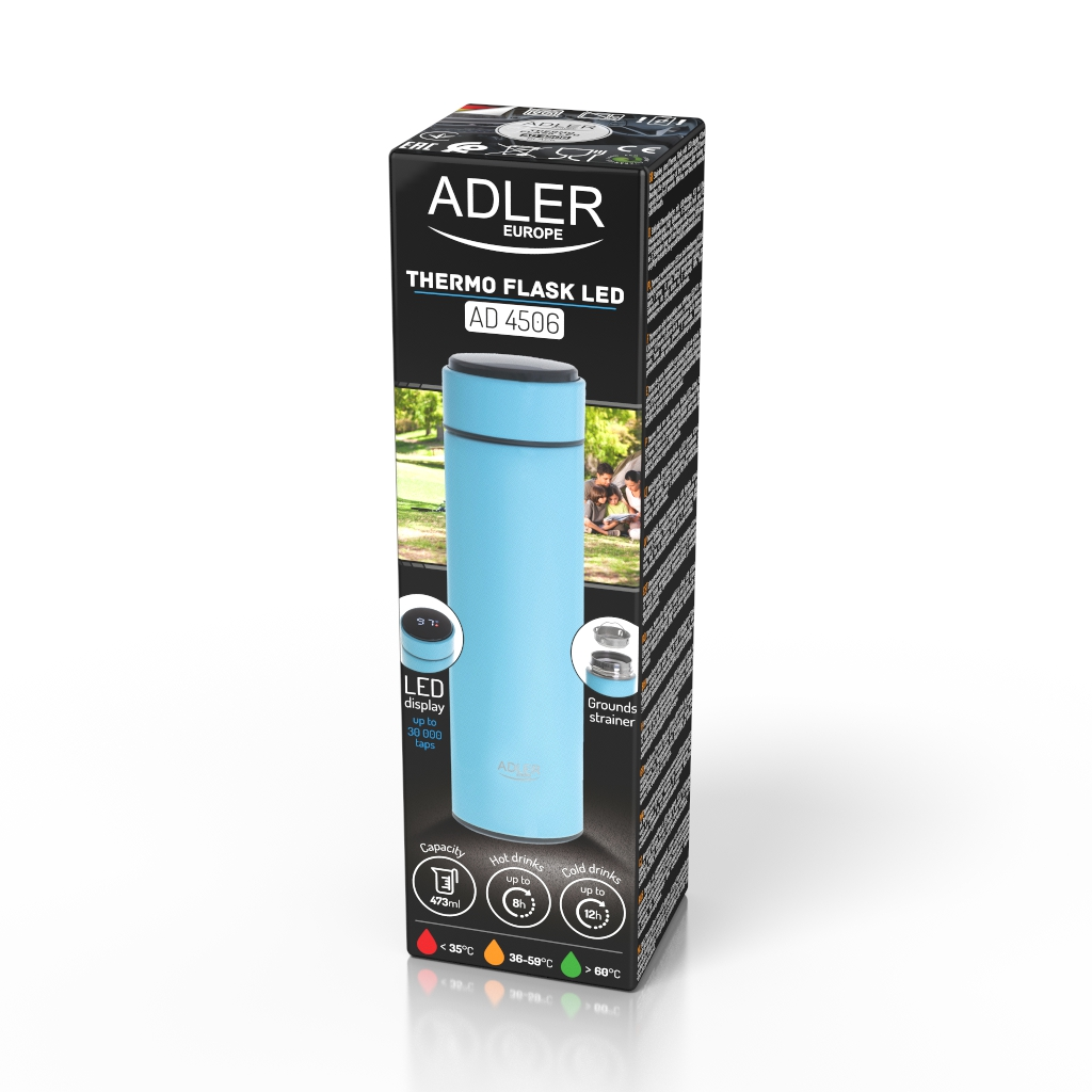 Opakowanie butelki termicznej LED Adler Europe z wizerunkiem produktu i szczegółami technicznymi na czarnym tle.