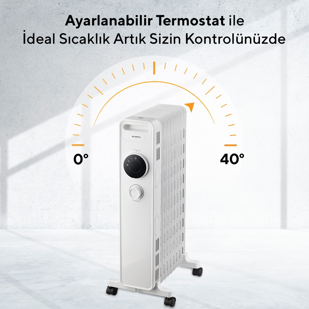 Tekerlekli, ayar düğmeli beyaz yağlı radyatör, beton duvar önünde sıcaklık grafikli.