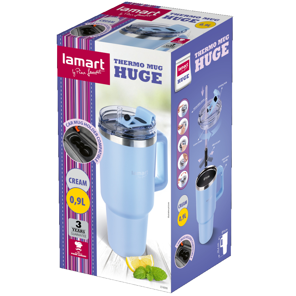 Opakowanie produktu jasnoniebieskiego kubka termicznego Lamart Huge o pojemności 0,9 litra.