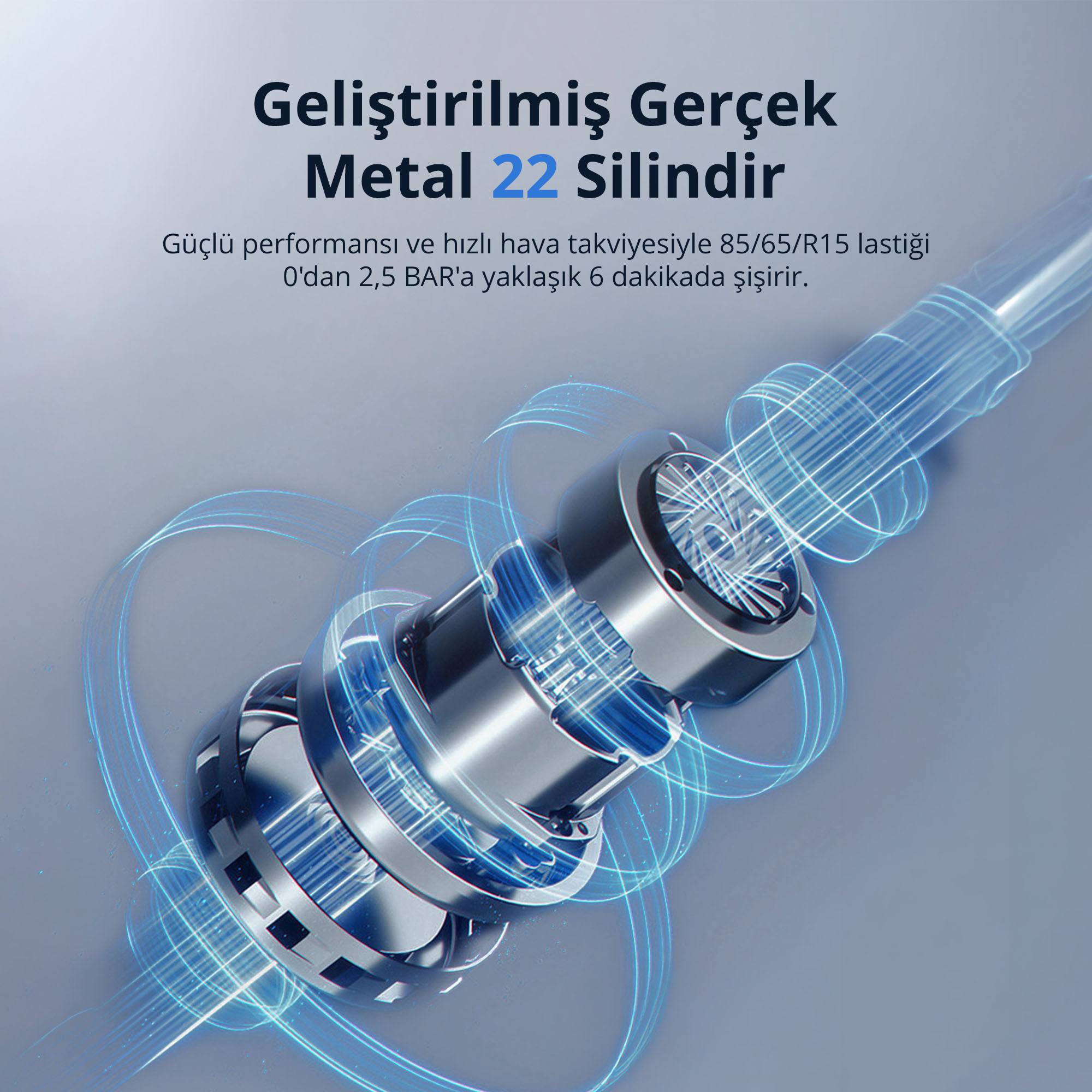 Gri arka planda mavi hava akışı çizgileri olan metal silindir.