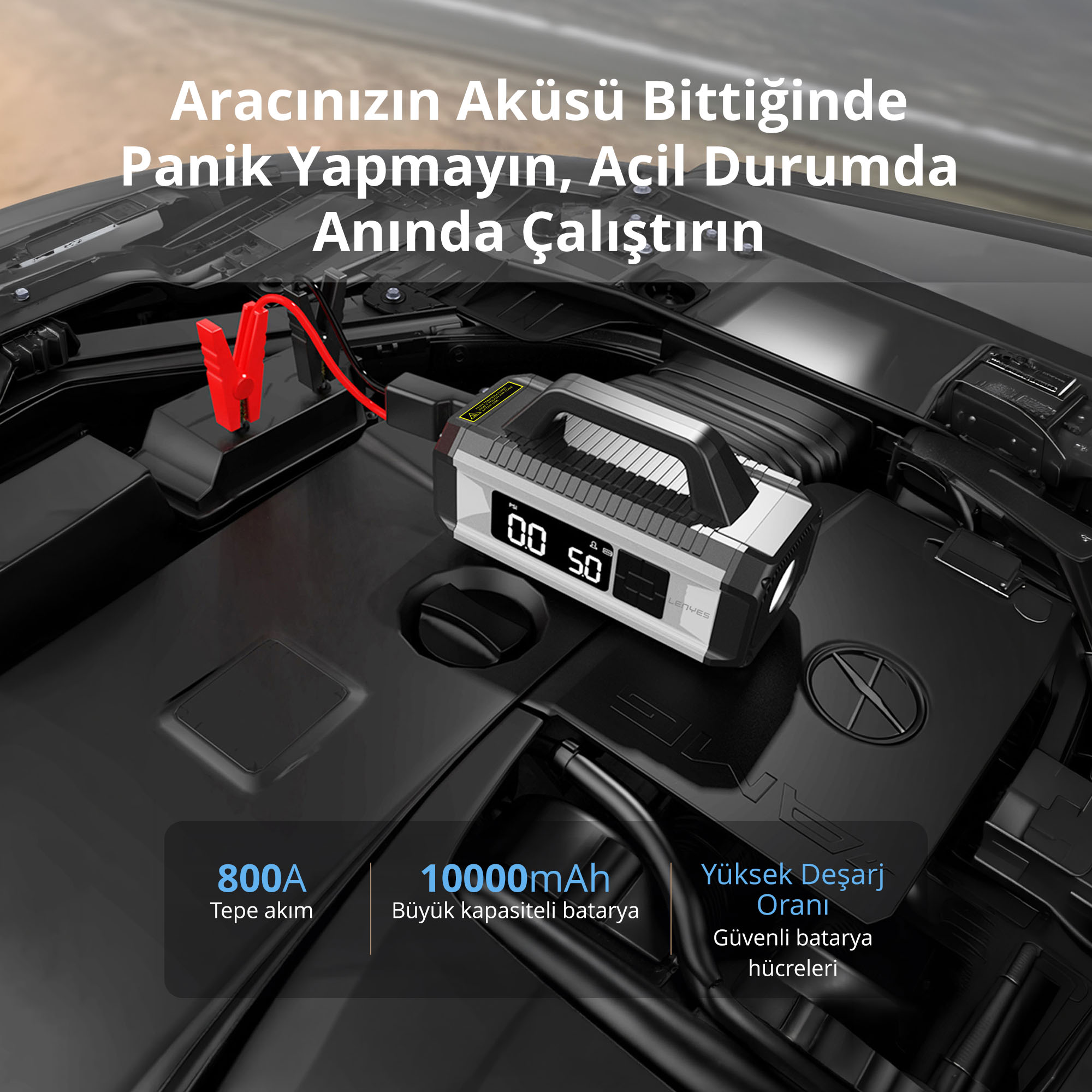 Metinli bir araba motor bölmesinde taşınabilir takviye ve kompresör.