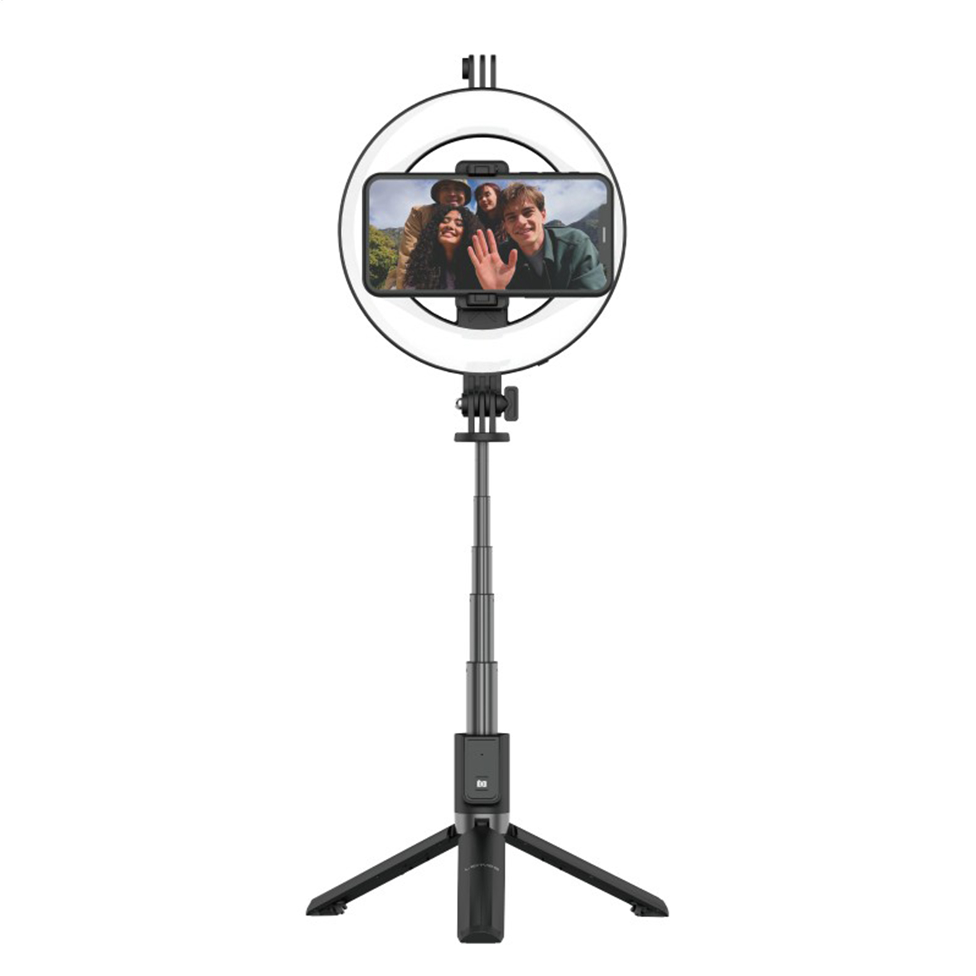 Aydınlatmalı halka ışığa ve ortasında grup özçekimi gösteren akıllı telefona sahip siyah bir tripod.