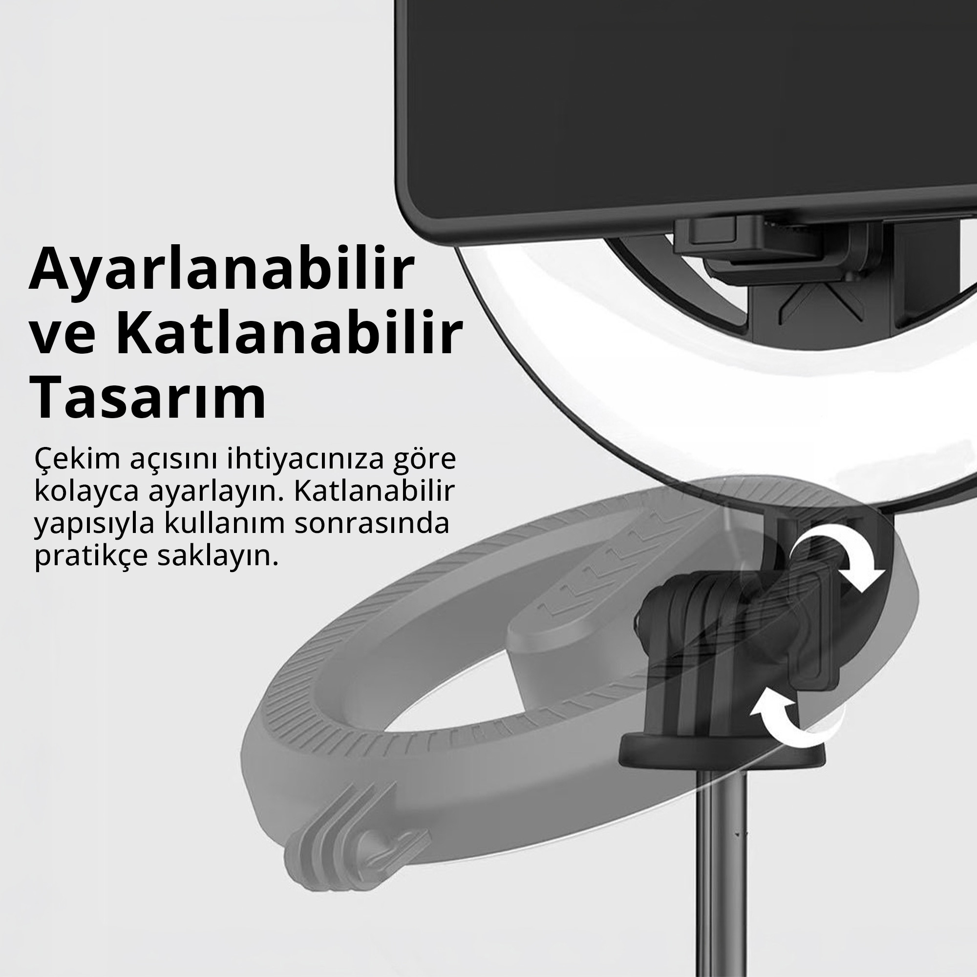 Akıllı telefon tutuculu, ayarlanabilir ve katlanabilir halka ışık standı.