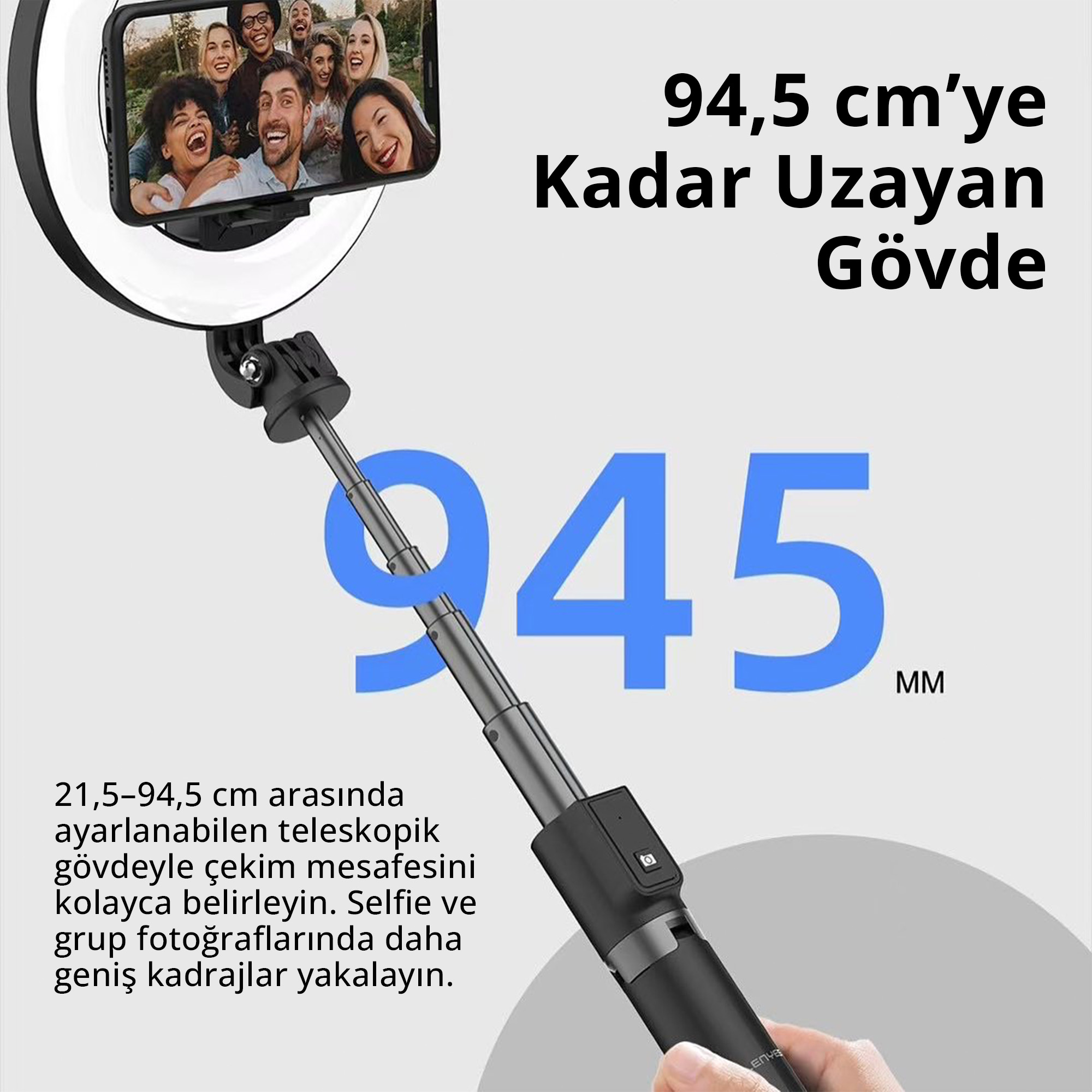 Halka ışıklı ve akıllı telefonlu selfie çubuğu, 94,5 cm'ye kadar uzar.