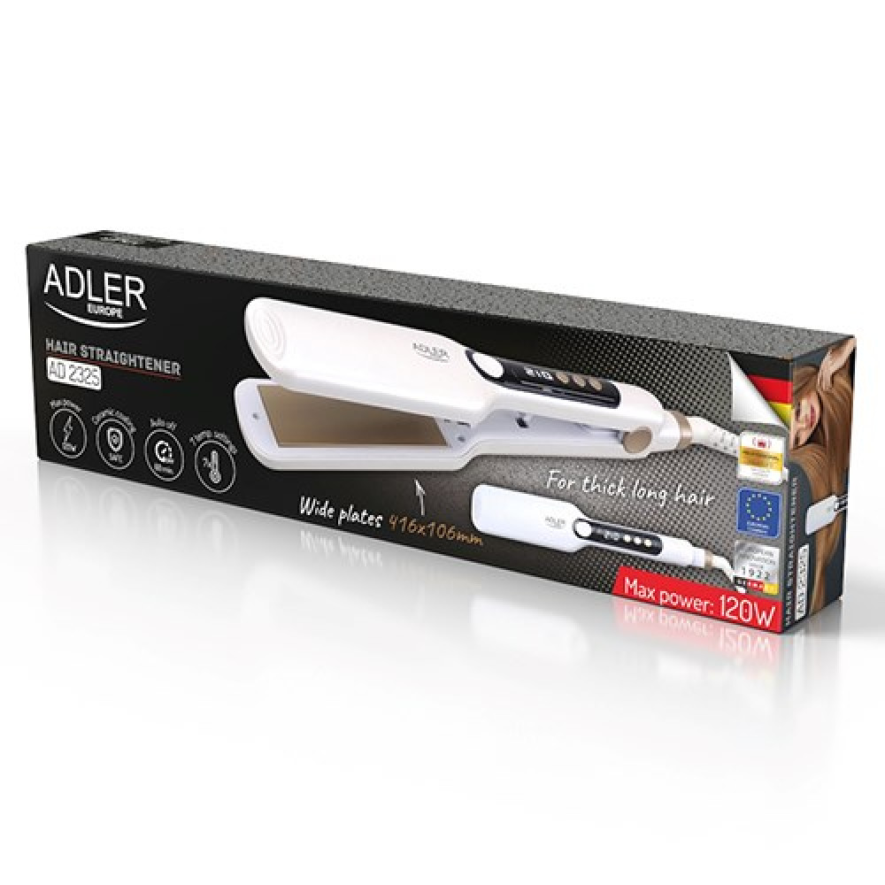 Confezione di una piastra per capelli bianca Adler per capelli lunghi e spessi, 120W.
