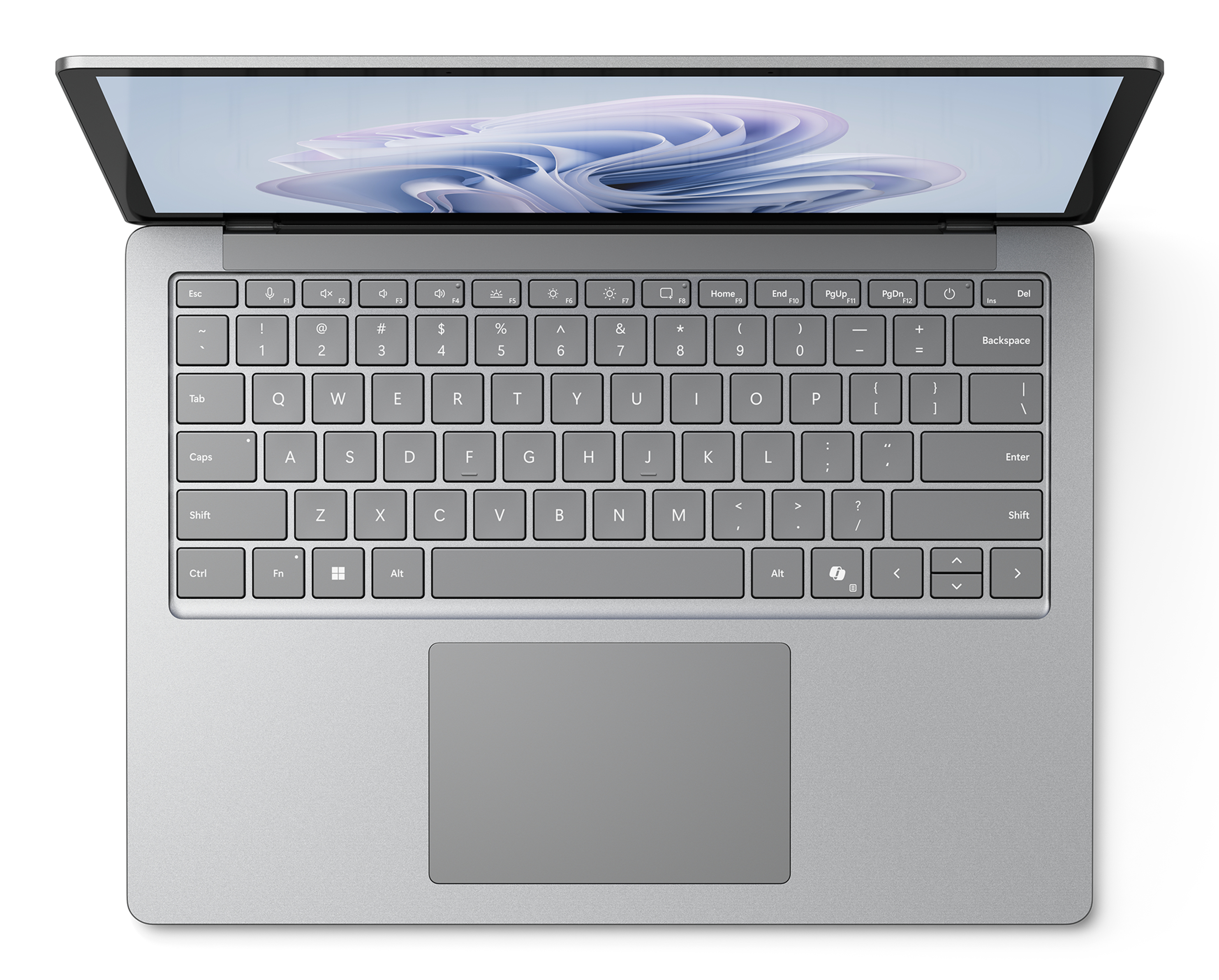 Ansicht von oben auf einen offenen grauen Laptop mit einem abstrakten Hintergrundbild und Tastatur.