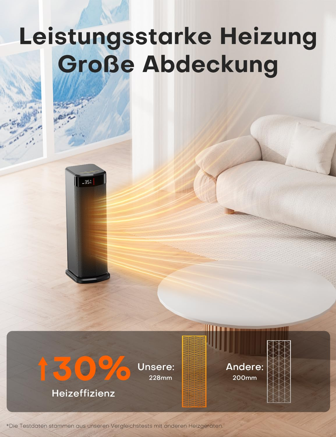 Ein schwarzer Turmheizlüfter steht in einem hellen Wohnzimmer und strahlt wärmende orangene Wellen ab.