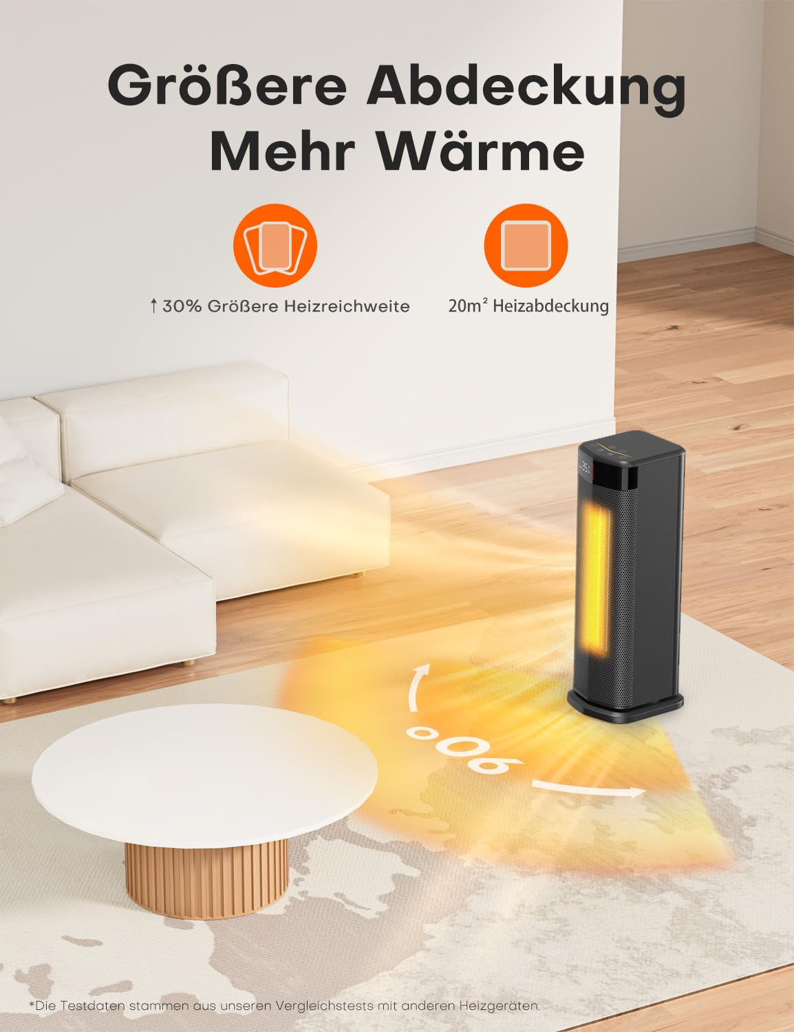 Ein schwarzer Turmheizlüfter auf einem Teppich schwingt und wärmt einen hellen Wohnraum.