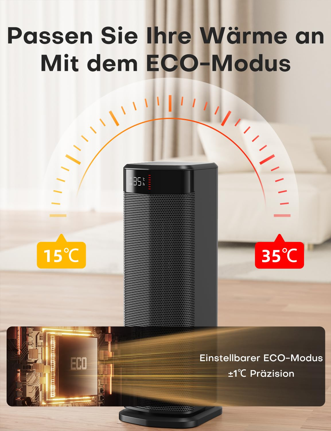 Ein schwarzer Turmheizlüfter in einem Wohnzimmer mit einer digitalen Anzeige von 35°C und einem Thermostat-Bogen von 15°C bis 35°C.