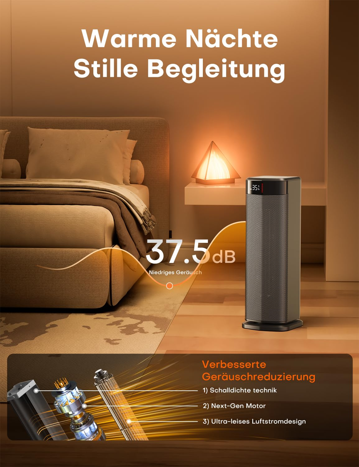 Turmheizer im Schlafzimmer neben dem Bett mit Text zum leisen Betrieb.