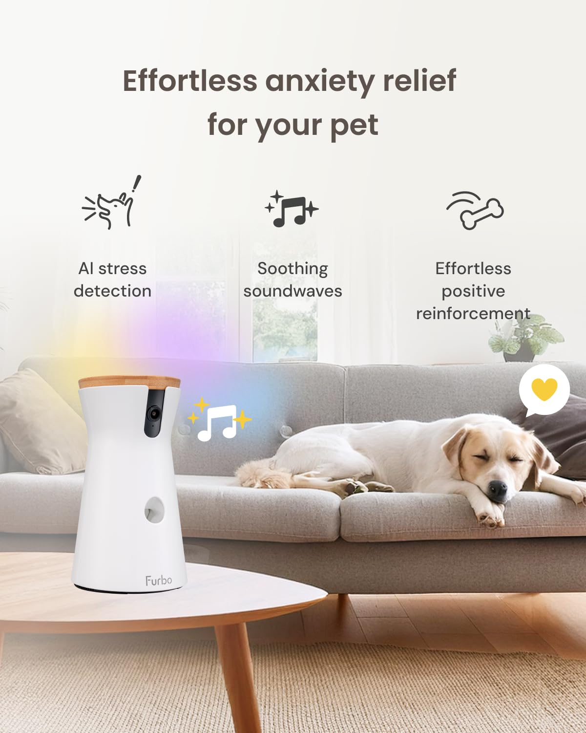 Un dispositivo Furbo bianco su un tavolo davanti a un divano in cui dorme un cane, con testo sull'ansia.