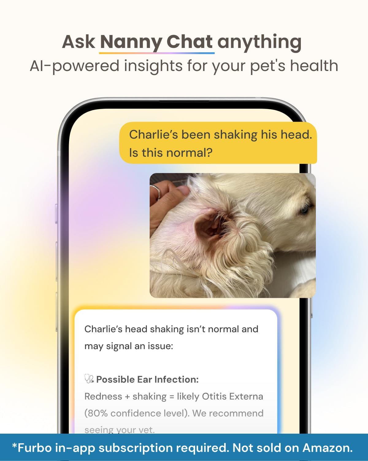 Schermo dello smartphone che mostra una chat con analisi della salute dell'animale domestico tramite IA.