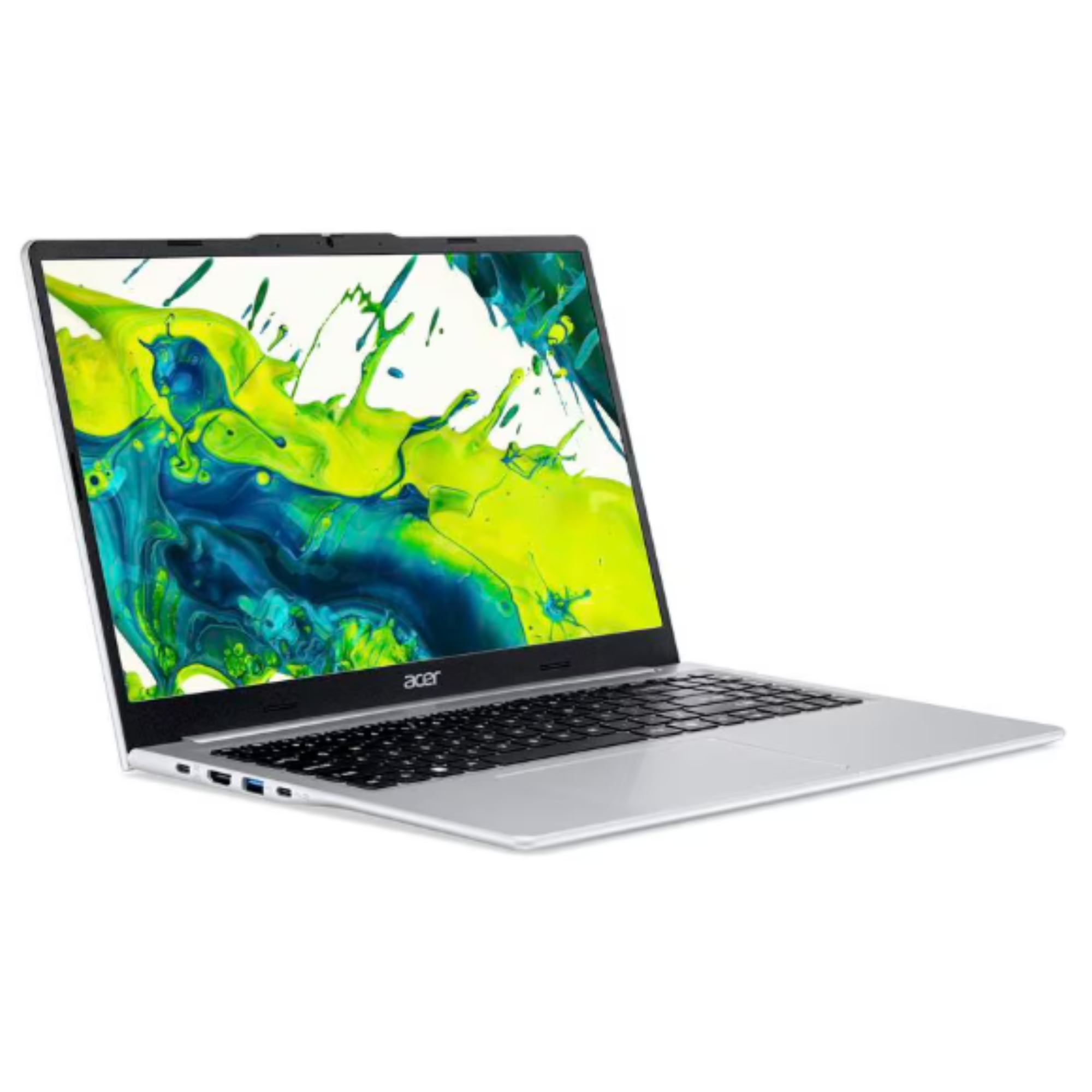 Silberner Acer Laptop mit schwarzer Tastatur und abstraktem grün-blauem Bildschirm.