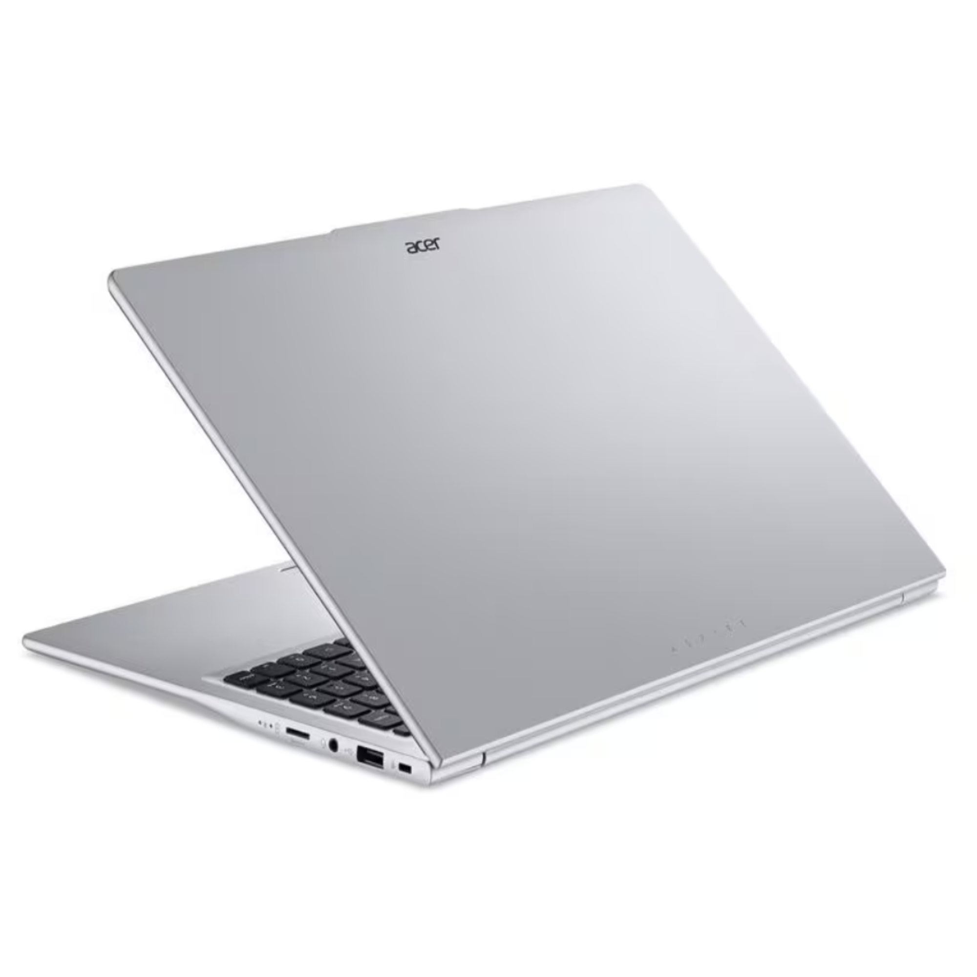 Ein silberner Acer-Laptop steht auf einer weißen Oberfläche und zeigt die Rückseite und die Tastatur.