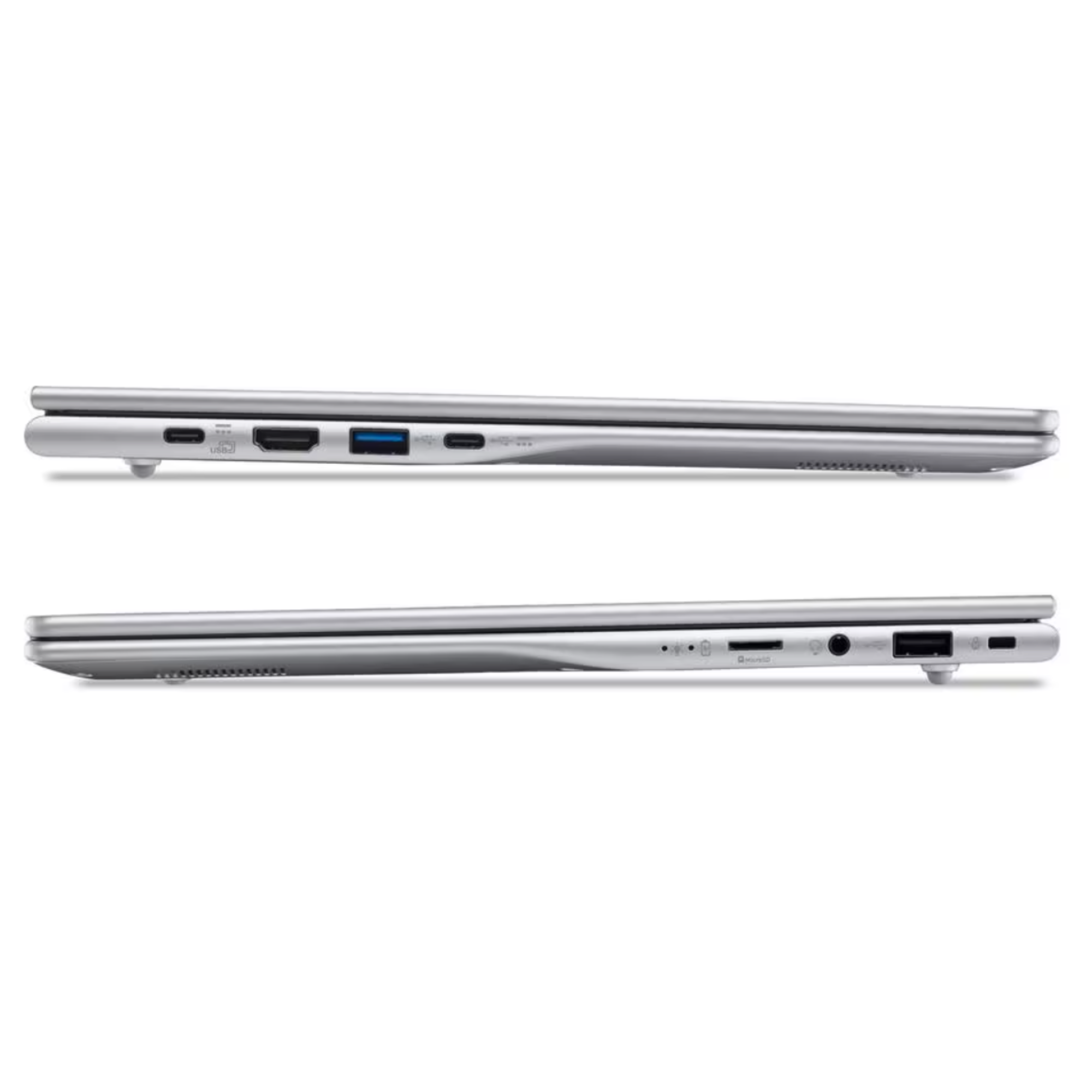 Seitenansichten eines silbernen Laptops mit verschiedenen Anschlüssen wie USB, HDMI und Audiobuchse auf weißem Hintergrund.