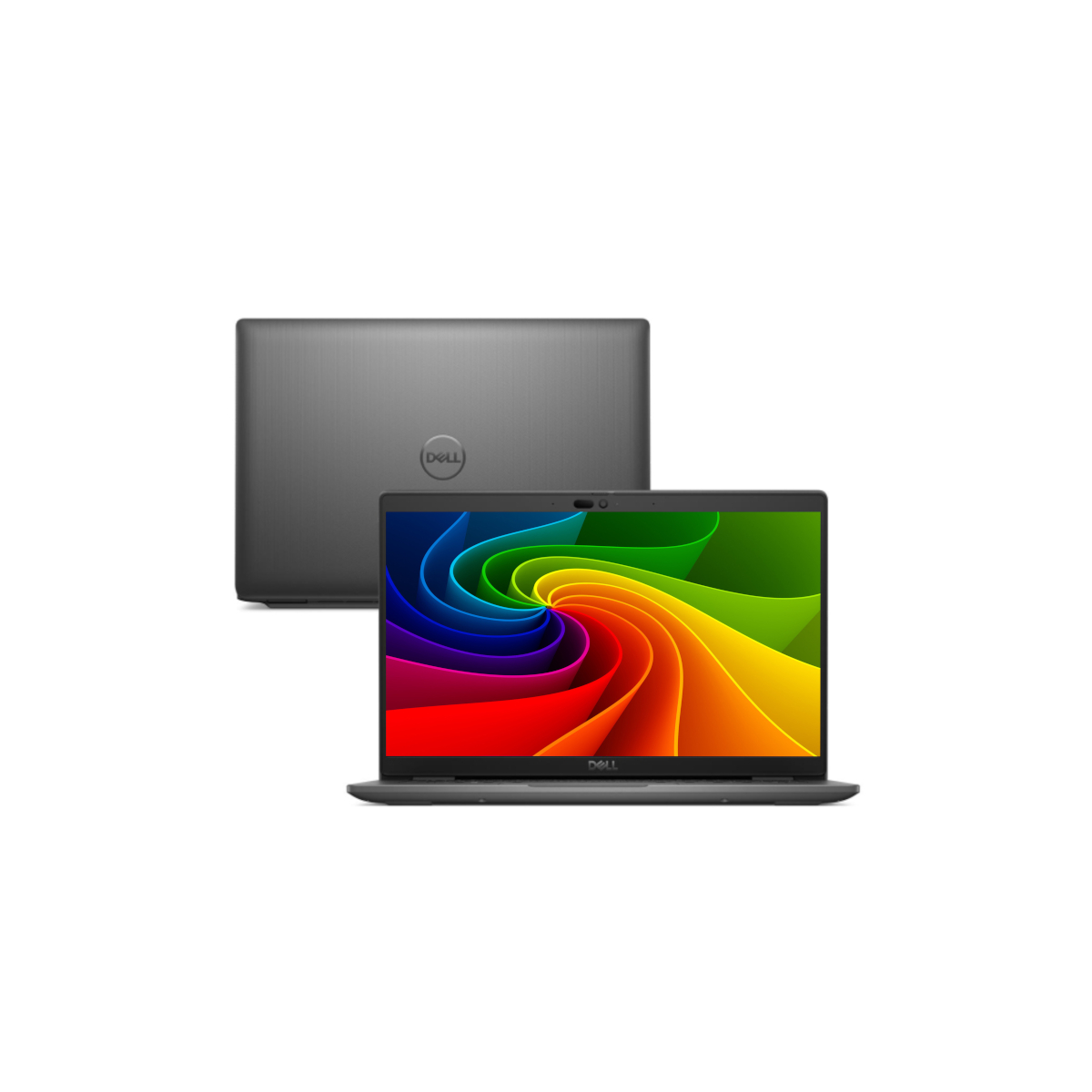 Ein grauer Dell-Laptop mit einer farbenfrohen Regenbogen-Spiral-Hintergrundgrafik und geschlossenem Deckel im Hintergrund.