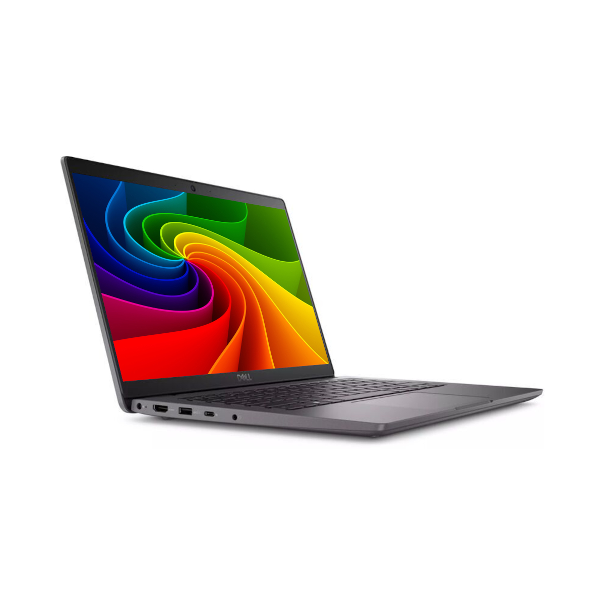 Ein grauer Dell Laptop mit einem bunten, spiralförmigen Bildschirmhintergrund auf weißem Hintergrund.