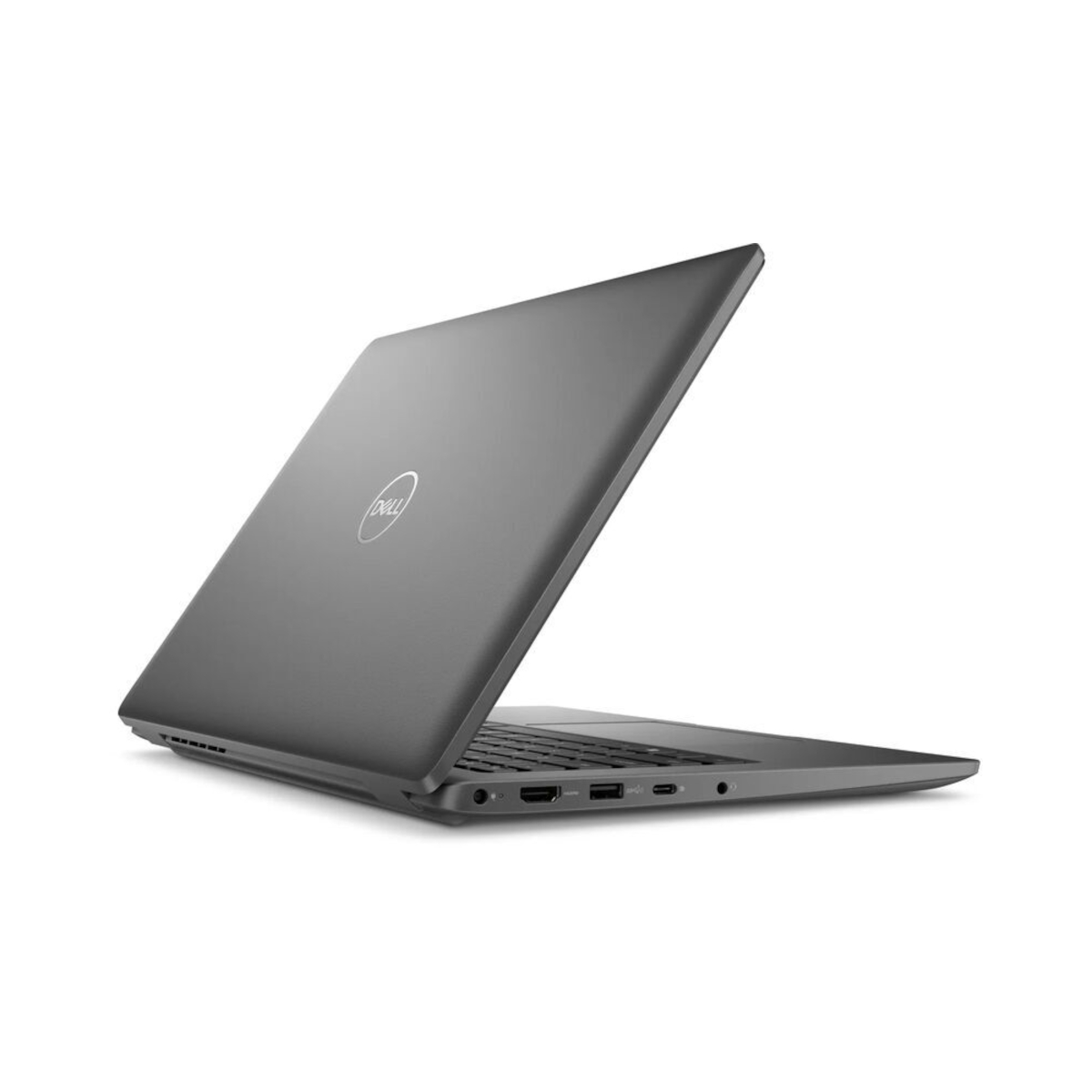 Ein grauer Dell Laptop steht offen auf weißem Hintergrund und zeigt die rechte Seite mit Anschlüssen.