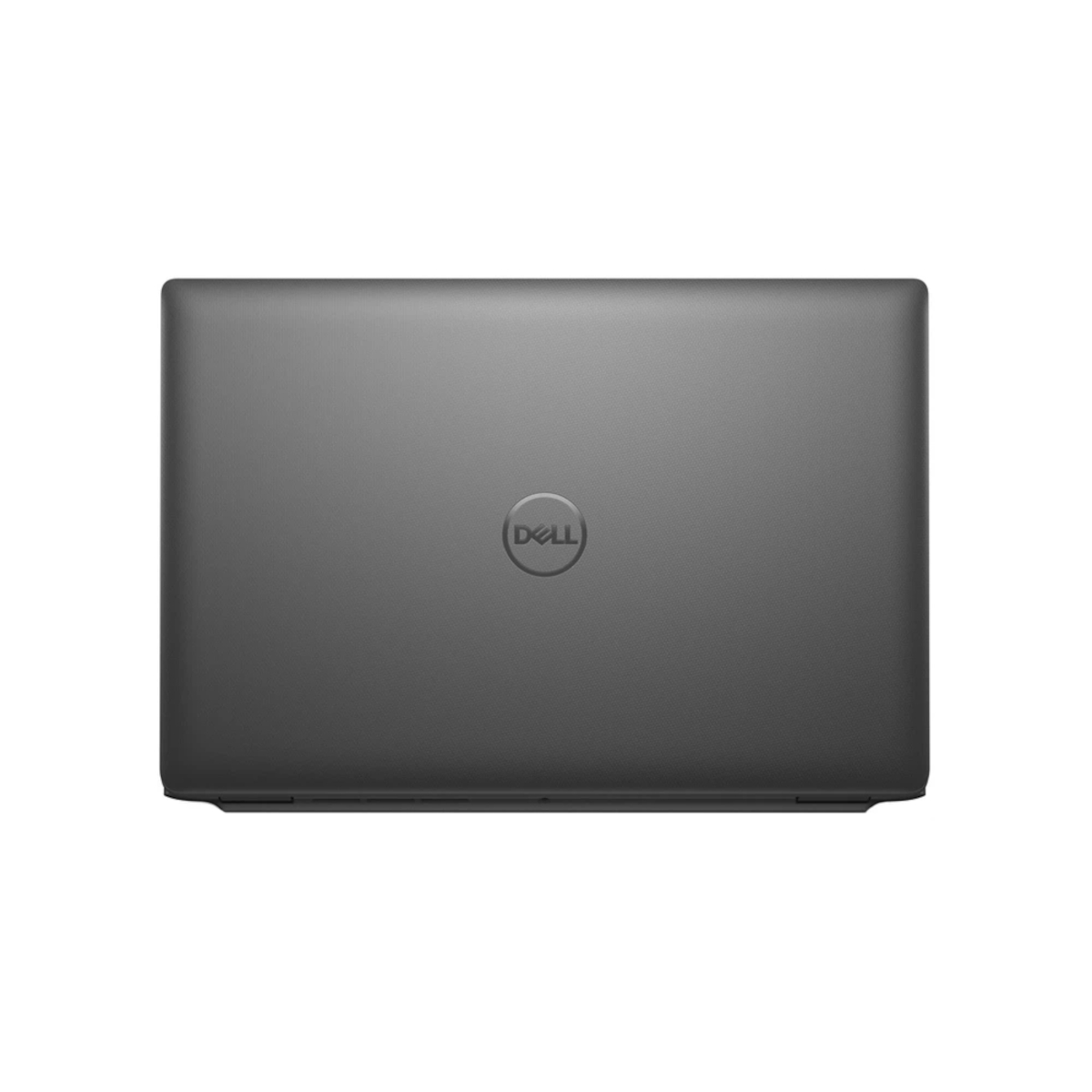 Ein geschlossener grauer Dell Laptop mit zentriertem Logo auf weißem Hintergrund.