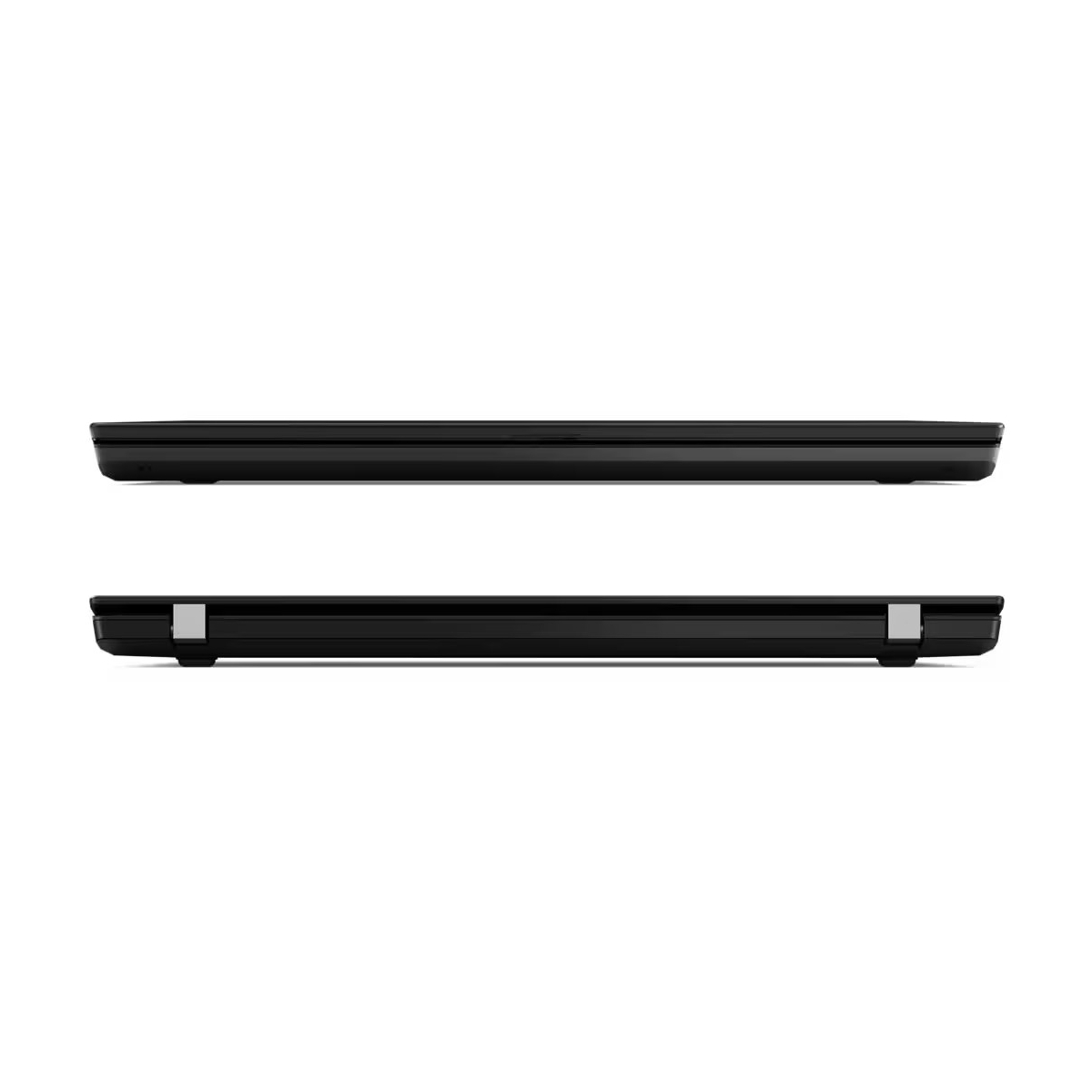 Zwei geschlossene schwarze Laptops in Vorder- und Rückansicht auf weißem Hintergrund.