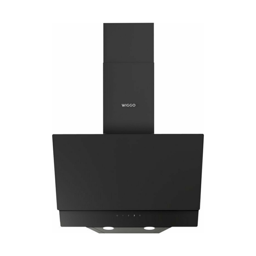 A modern black wall-mounted cooker hood by Wiggo against a white background.