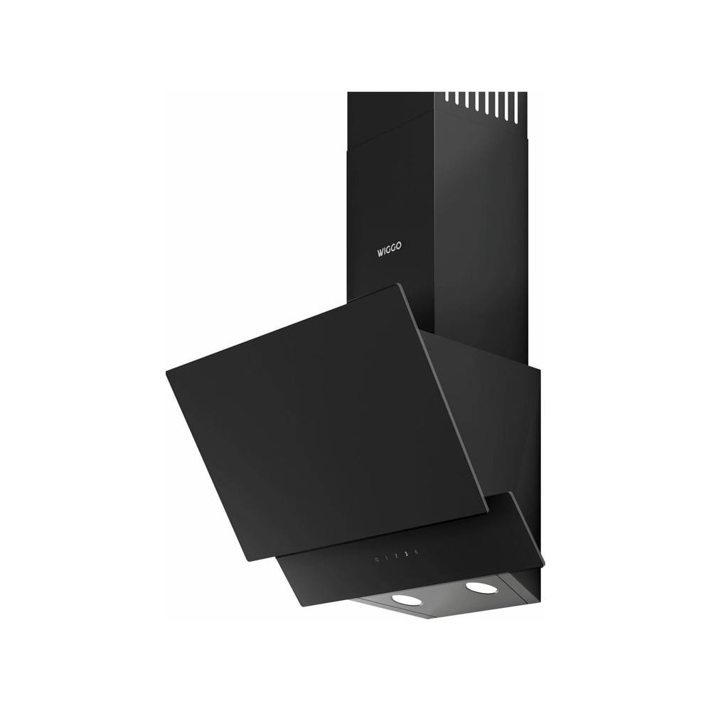Modern black wall-mounted range hood with angled glass panel and LED lights.