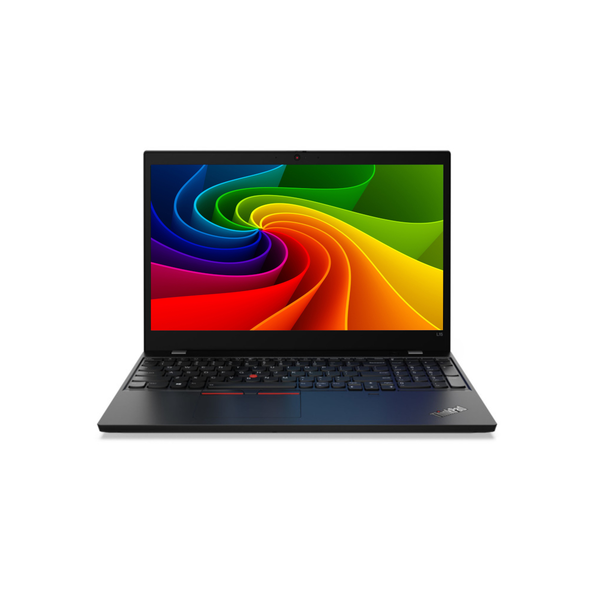 Ein schwarzes Laptop mit einem farbenfrohen Regenbogen-Wirbel-Hintergrundbild auf dem Bildschirm.