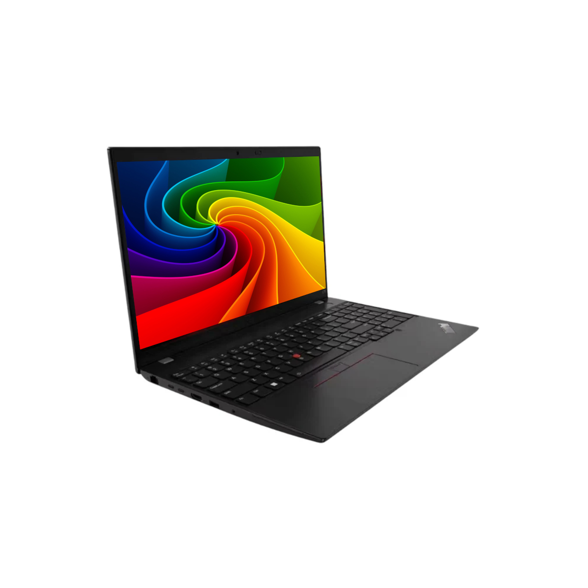 Ein schwarzer Laptop auf weißem Hintergrund mit einem lebendigen, bunten Wirbelmuster auf dem Bildschirm.