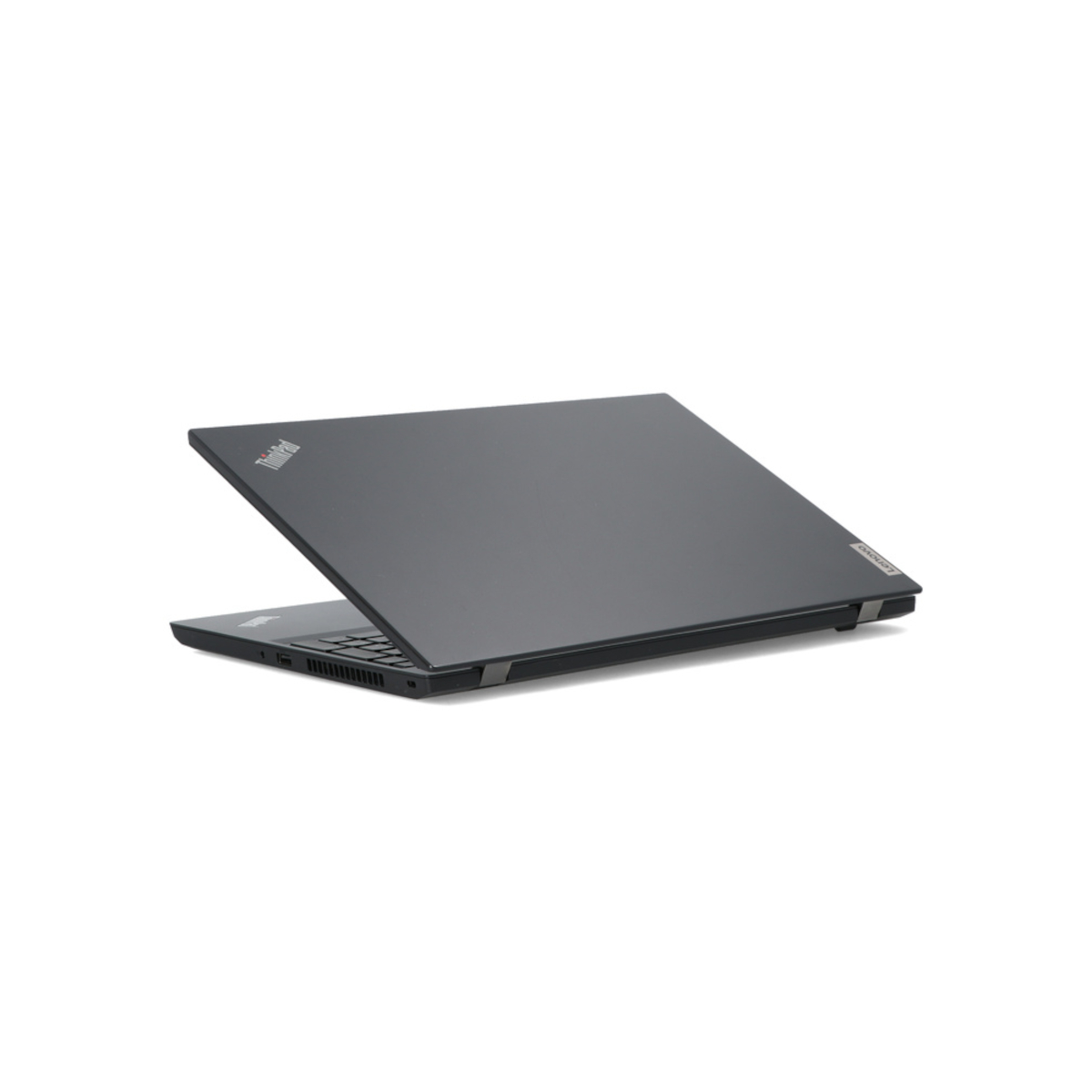 Ein geschlossener grauer Lenovo ThinkPad Laptop steht auf einer weißen Oberfläche.