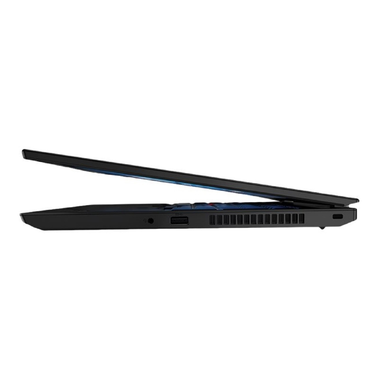 Seitenansicht eines schwarzen Laptops mit geschlossenem Deckel, USB-Anschluss, Kopfhörerbuchse und Lüftungsgittern.