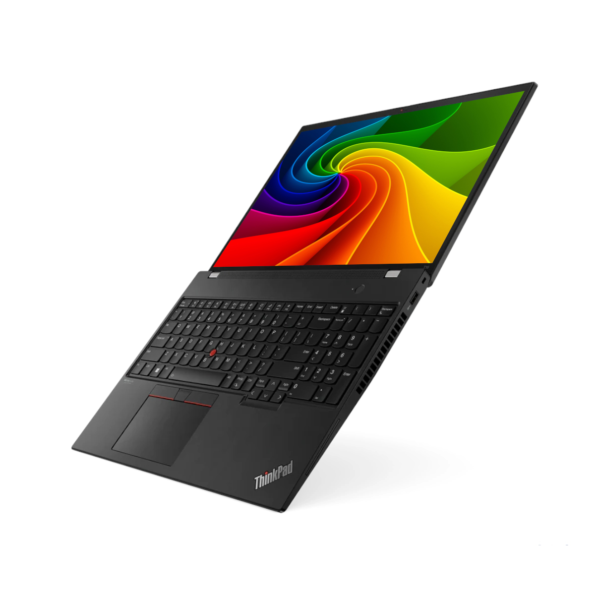 Ein schwarzer ThinkPad Laptop mit Regenbogen-Hintergrundbild steht auf weißem Grund.