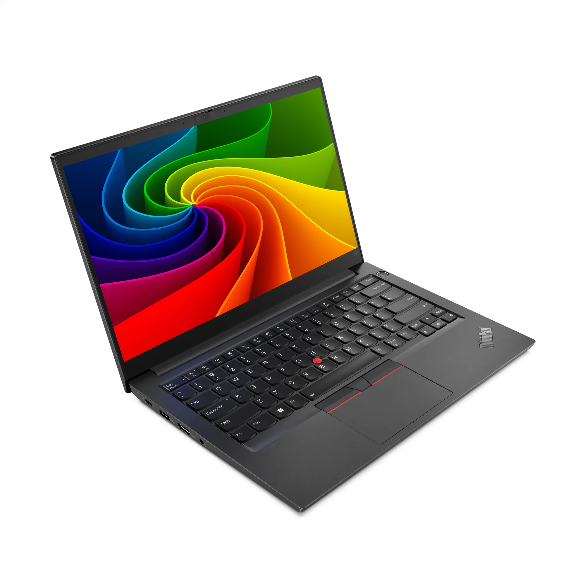 Ein schwarzes Laptop mit einem farbenfrohen Regenbogen-Wirbel-Hintergrundbild auf dem Bildschirm.