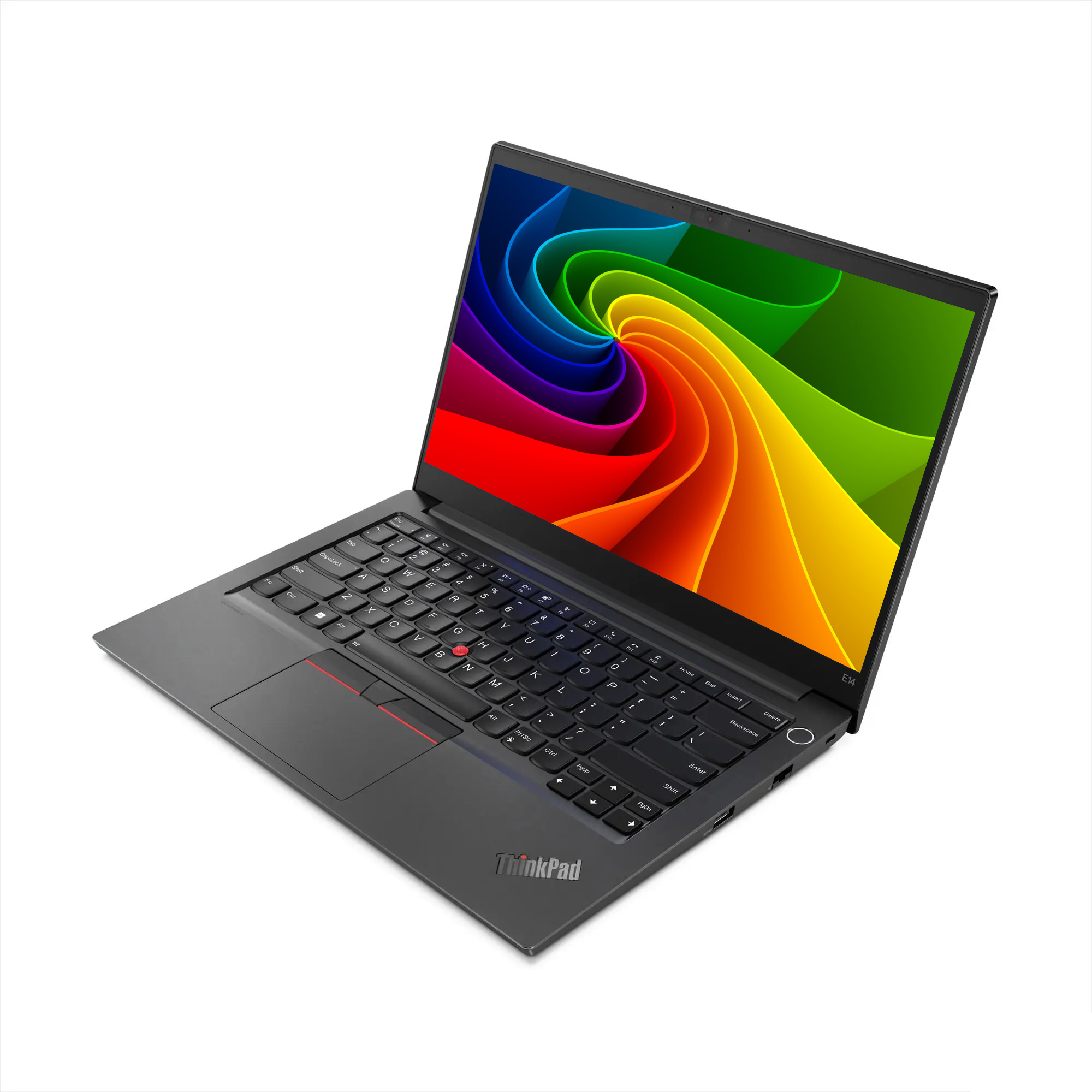 Ein schwarzes ThinkPad-Laptop ist auf einer weißen Oberfläche geöffnet und zeigt einen bunten Regenbogen-Hintergrund.
