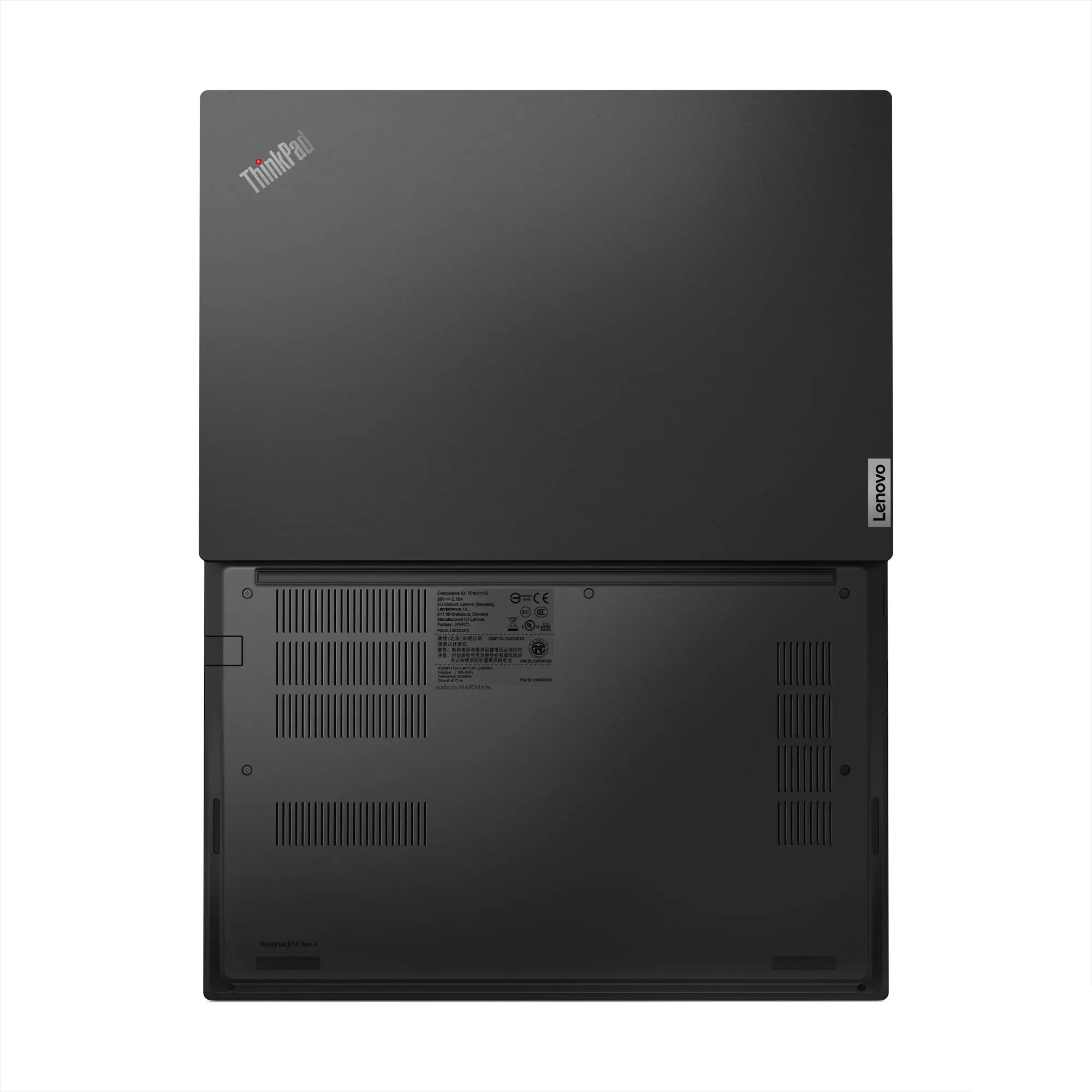 Ober- und Unterseite eines geschlossenen schwarzen Lenovo ThinkPad Laptops.