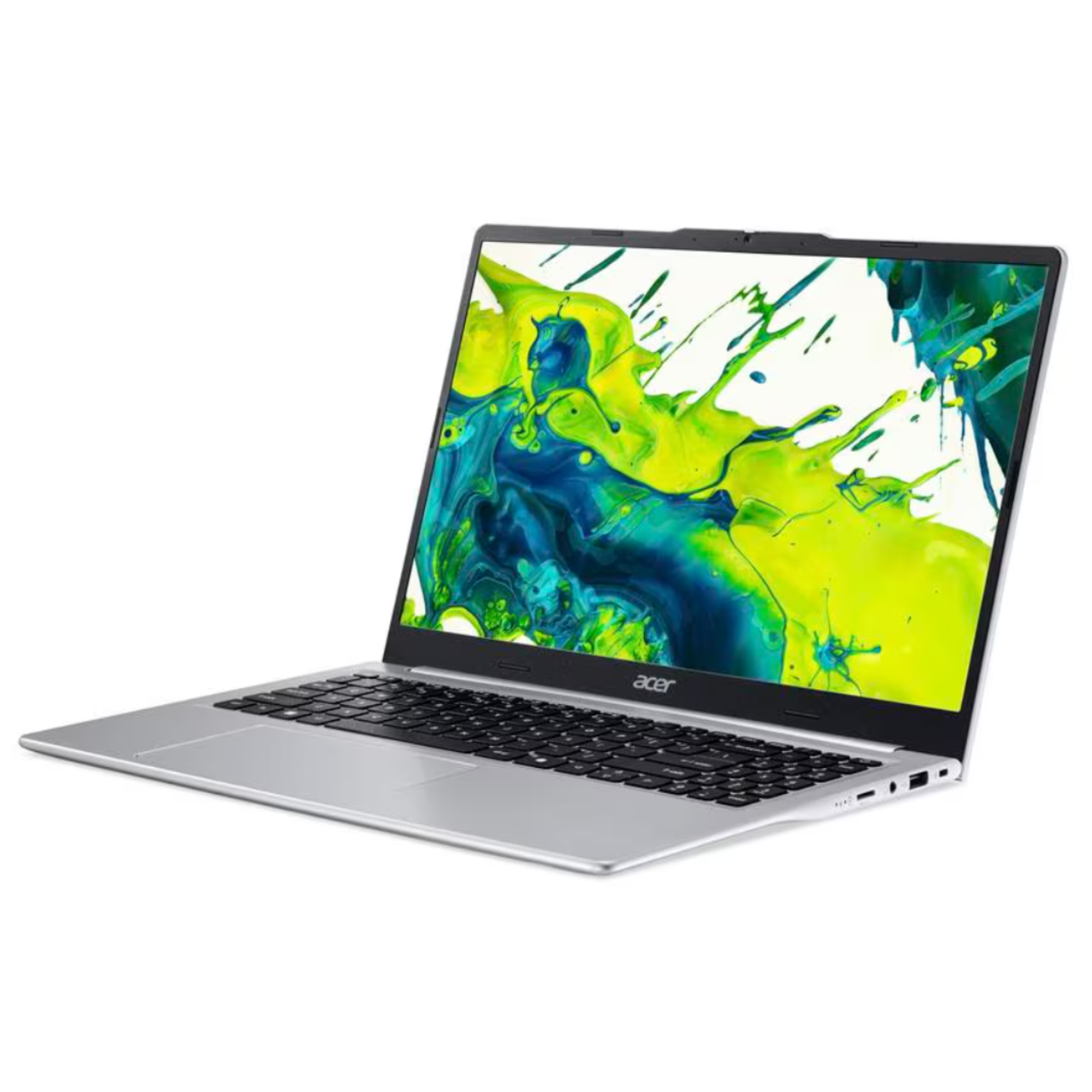 Ein silberner Acer-Laptop mit schwarzer Tastatur und einem abstrakten grün-blauen Bildschirmhintergrund.