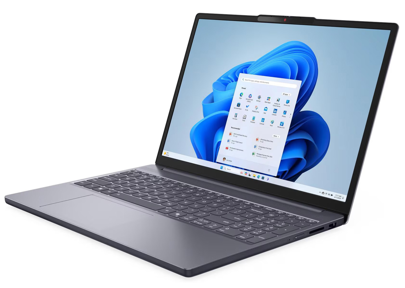 Szary laptop z niebieską tapetą Windows 11 na białym tle.