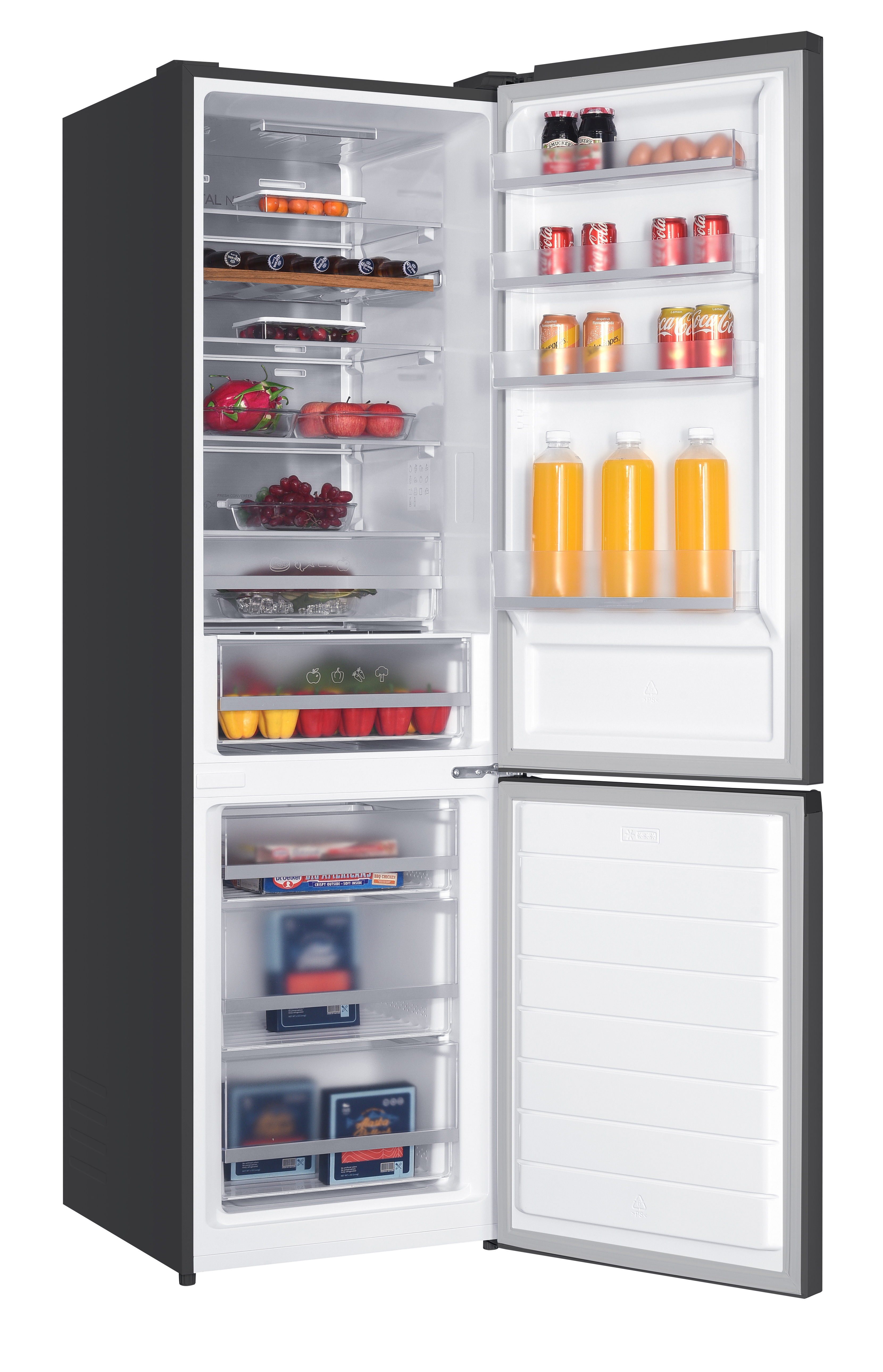 Open refrigerator with filled shelves and drinks in the door compartments.